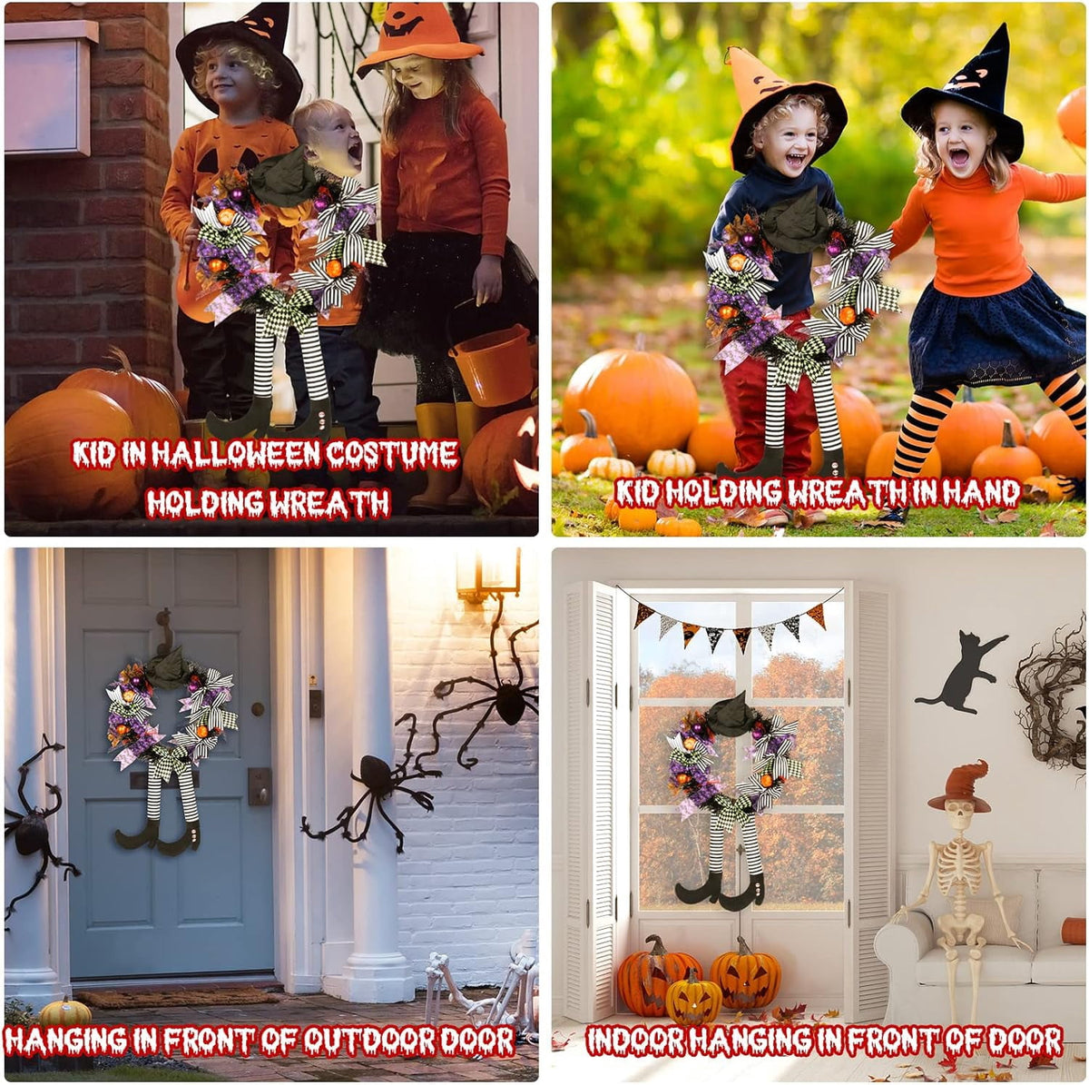 TETOU Halloween Wreaths for Front Door, 27" Witch Wreath Halloween Costumes, Autumn Door Wreath Witch's Hat and Legs Pumpkin Halloween Indoor & Outdoor Wall Decor