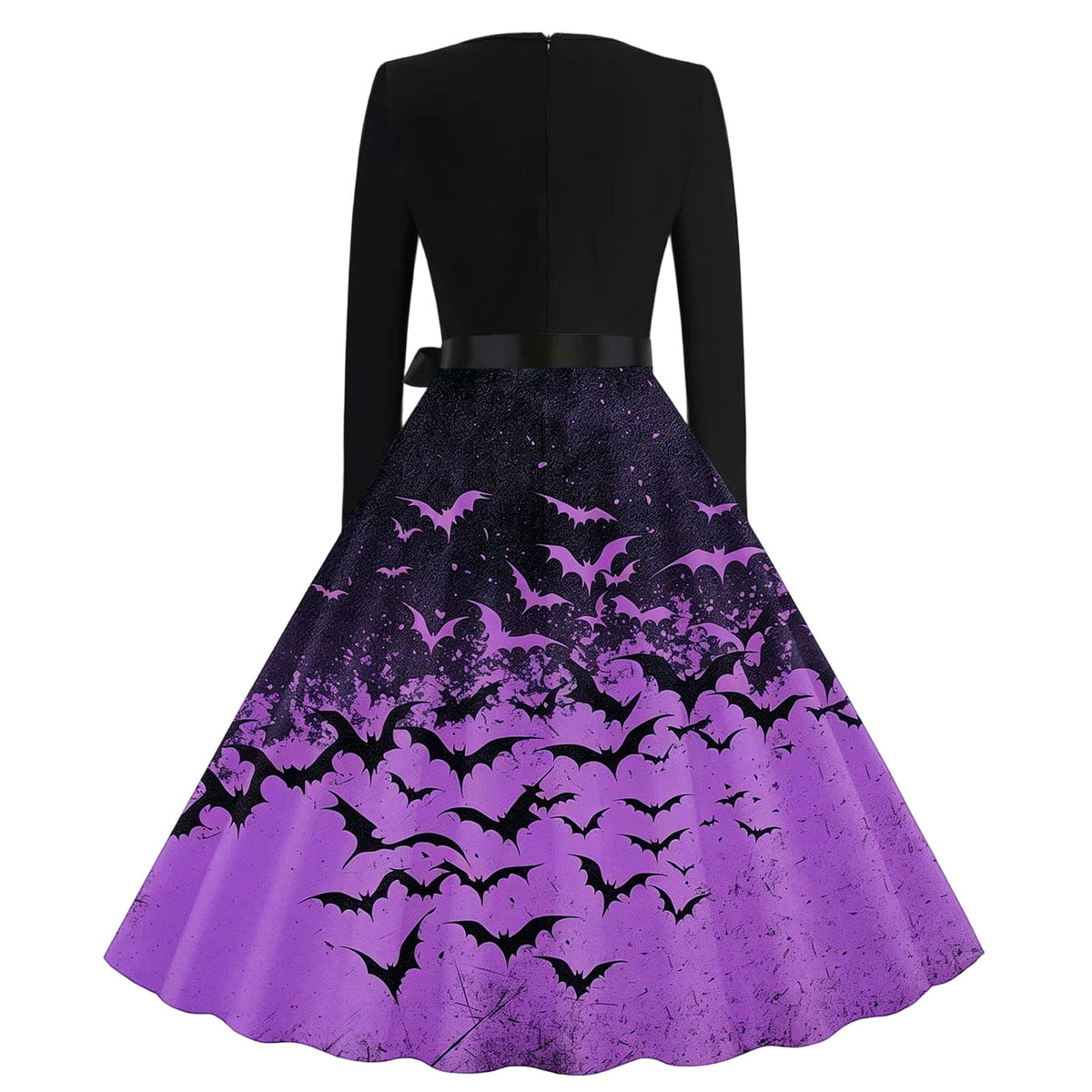Women's Vintage Halloween Bat Print Swing Dress Long Sleeve 1950s Retro A-Line Midi Dresses with Satin Sash Belt for Gothic Cosplay Evening Prom Party