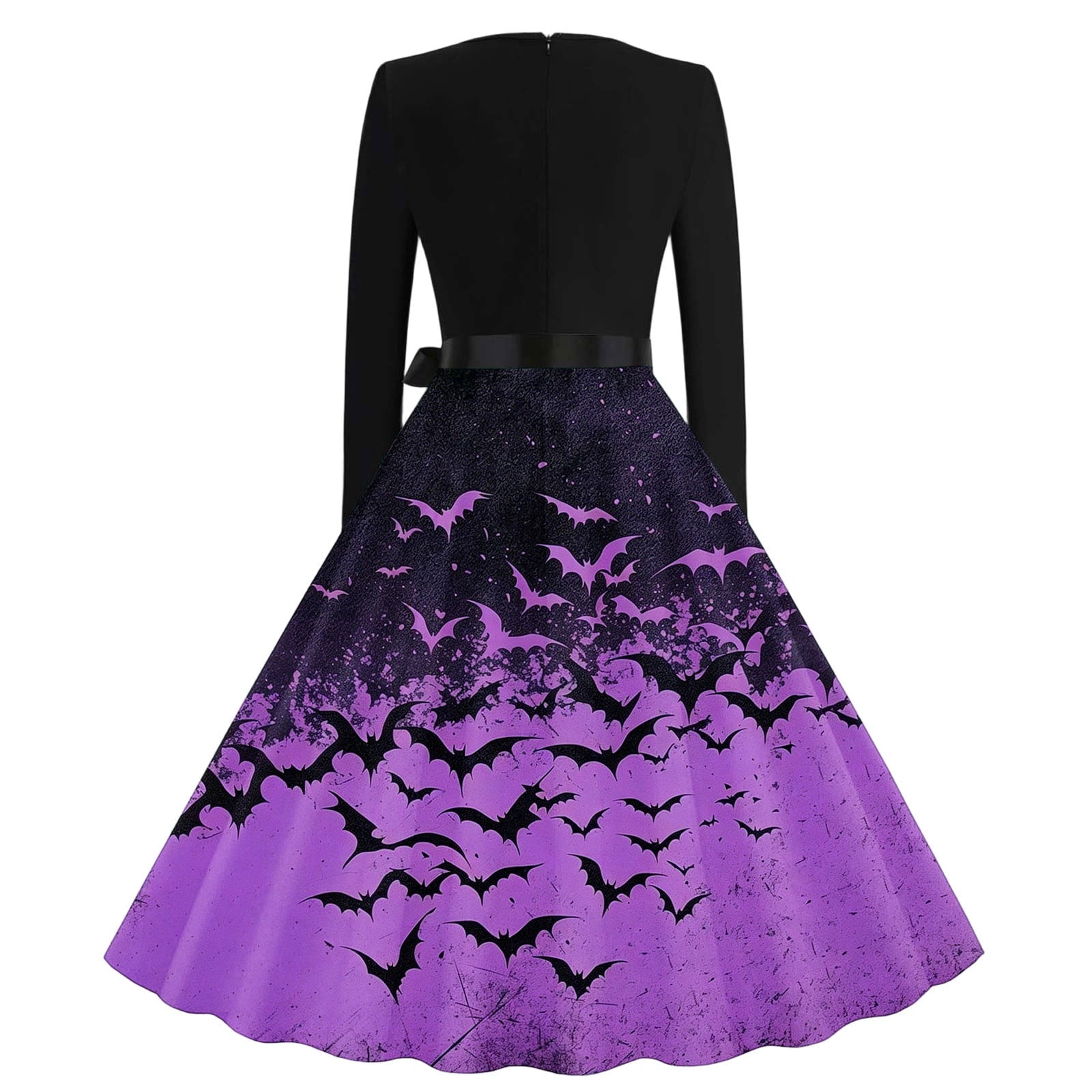 Women's Vintage Halloween Bat Print Swing Dress Long Sleeve 1950s Retro A-Line Midi Dresses with Satin Sash Belt for Gothic Cosplay Evening Prom Party