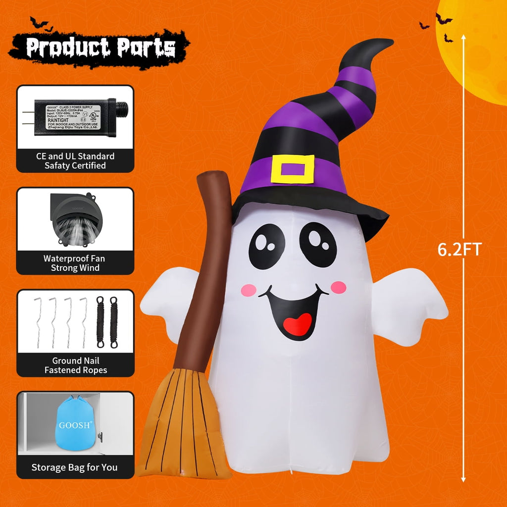 GOOSH Halloween Inflatables 6 FT Halloween Ghost Inflatable Grasping Broom with LED Lights, Blow up Ghost Cute Inflatable Ghost, Outdoor Halloween Decorations for Holiday Party Indoor Outdoor
