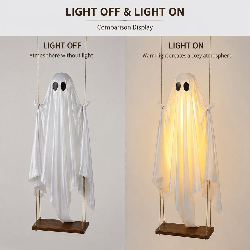 Cloth Hanging Swing Ghost Halloween Outdoor Decor,Remote Controlled LED Lighted Floating Ghost Ornament With 8 Lighting Modes For Porch Tree Yard Seasonal Holiday Display,Total Length 120.4 in.A