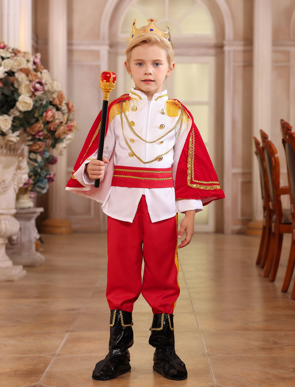 IBTOM CASTLE Boys Prince Charming Costume Halloween Cosplay Dress up Birthday Party Medieval Royal Prince Outfits for Toddler Child 3-4 Years Red 4pcs