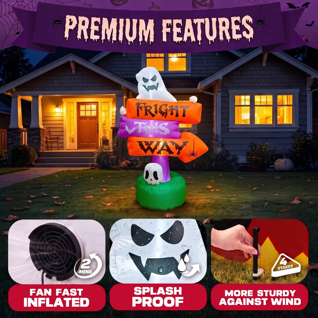 Glazina 7 FT Halloween Inflatable Ghost Signpost with Skull Spider, Built-In LED Lights, Outdoor Halloween Blow Up Yard Decoration