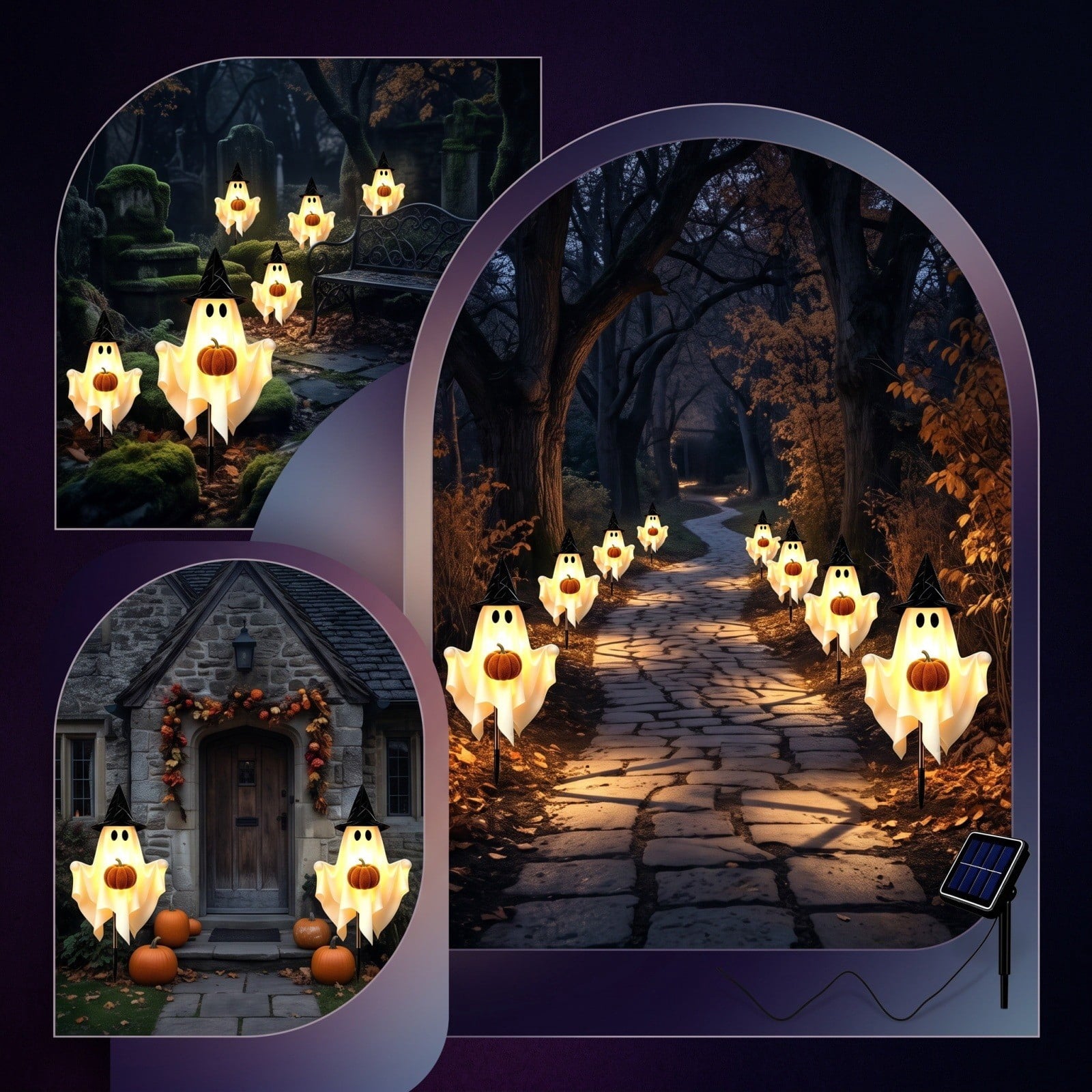 1-Pack Halloween Solar Lights with 8 Lighting Modes - Light Up Ghost Decorations for Outdoor, Witch Hat With Dimensional Pumpkin Halloween Ghost Path Lights