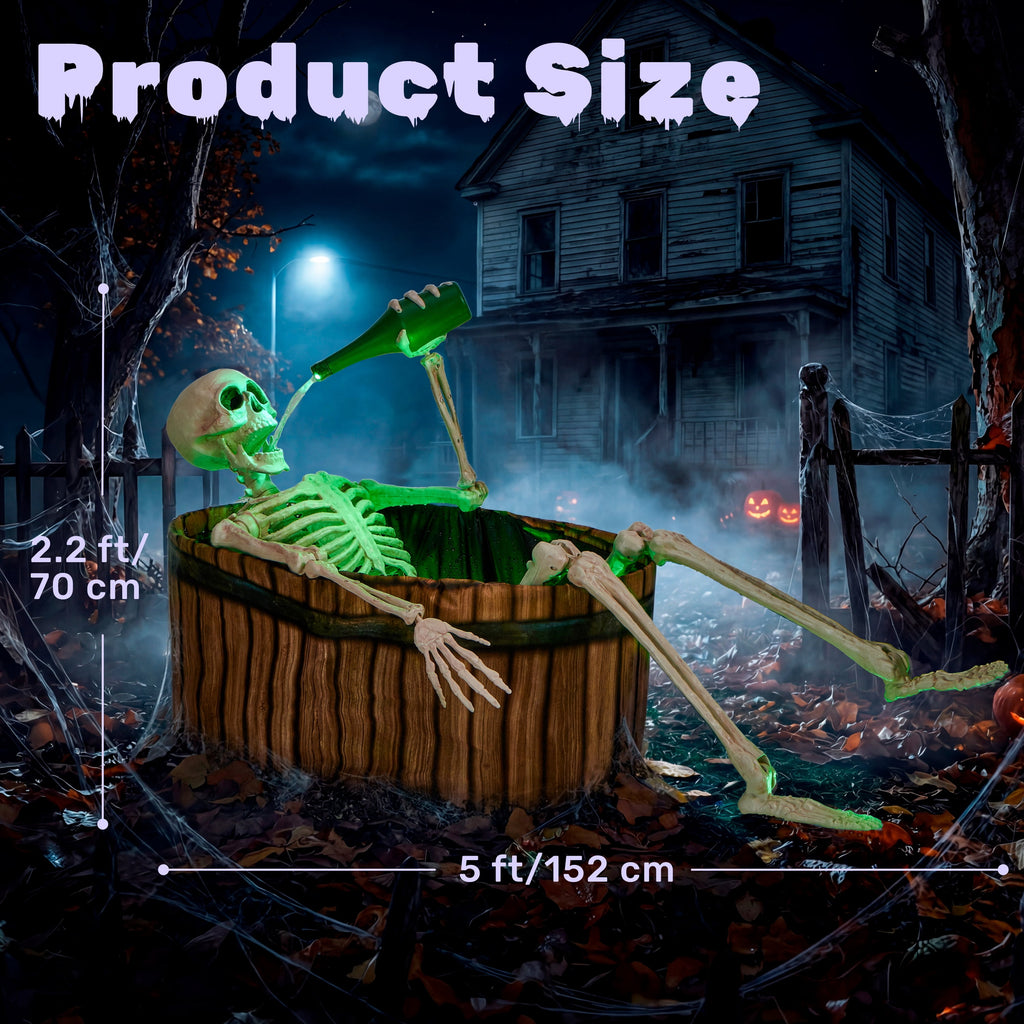 Joyfy 5ft Drinking Skeleton Halloween Animatronic Decorations, Outdoor Haunted Props with Endless Liquid Pouring Effect, Green LED Lights & Spooky Sounds, Life-Size Skeleton for Garden Yard Lawn