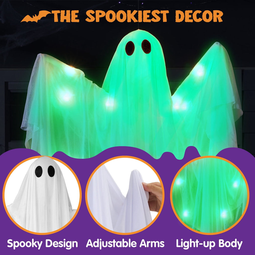 Joyfy 47" Halloween Hanging Light up Ghost Decorations Outdoor,White Ghosts with Blue LED Light and Timer Halloween Hanging Decoration Waterproof for Front Yard Patio Lawn