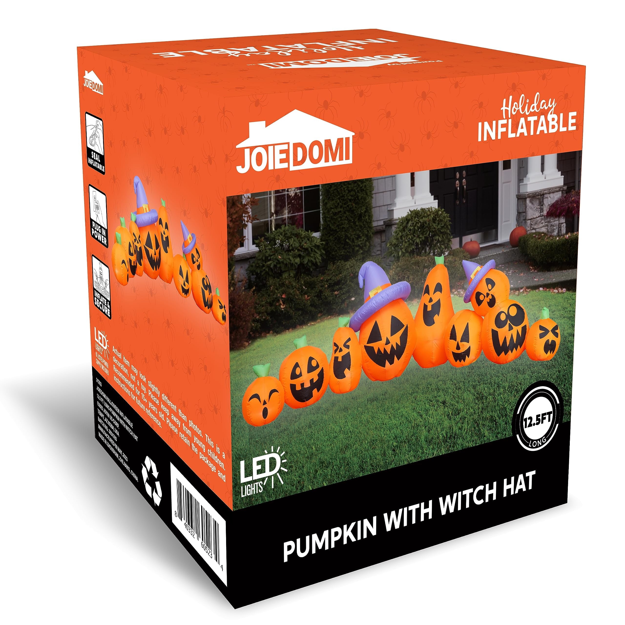Joyfy 7 ft Halloween Inflatable Long Pumpkin with Witch's Cat Decorations Inflatables with Build-in LEDs,Halloween Decor Outdoor Blow Up Yard Decorations