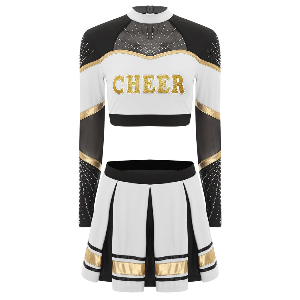 TiaoBug Women Cheer Leader Uniform Dance Cheerleading Costume Long Sleeve Crop Top with Mini Skirt White S