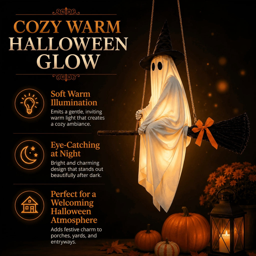 Clearance 5 FT Hanging Ghost Decor,Early Halloween Decorations Light-Up Flying Ghost on Broomstick with Witch Hat, Witch Broom, Spooky Cute Outdoor Halloween Decorations for Front Porch Yard Tree
