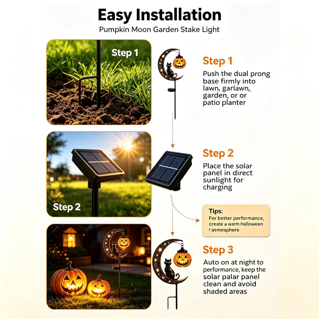 Clearance 35" Halloween Solar Pumpkin Moon Garden Stake Light with Black Cat Outdoor Waterproof LED Yard Decoration Hanging Jack-o'-Lantern for Garden, Patio, Walkway, Porch (C)