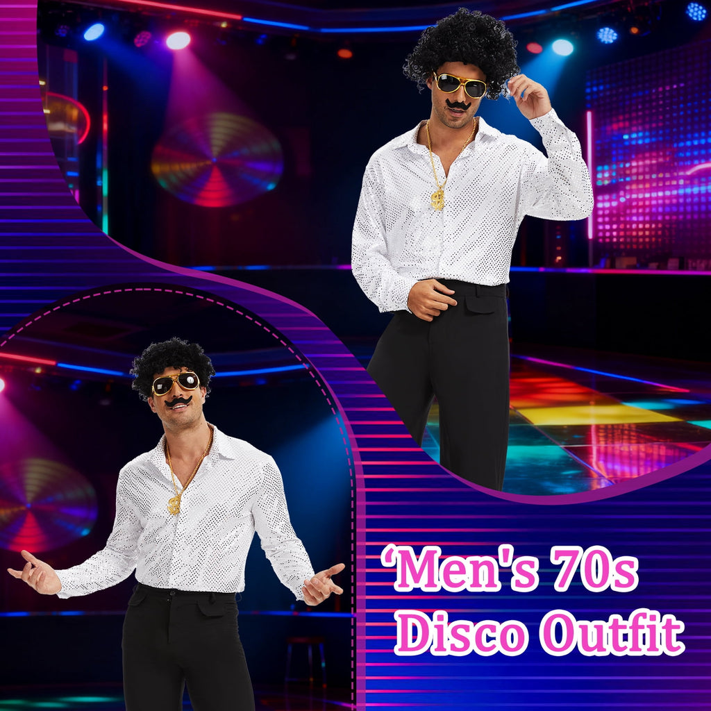 MYATED 70s Disco Costume for Men 6 Pcs Dance Bell Bottom Pants Retro Shirts Wigs Sunglasses Necklace Shirts for Disco Party (Black,L)