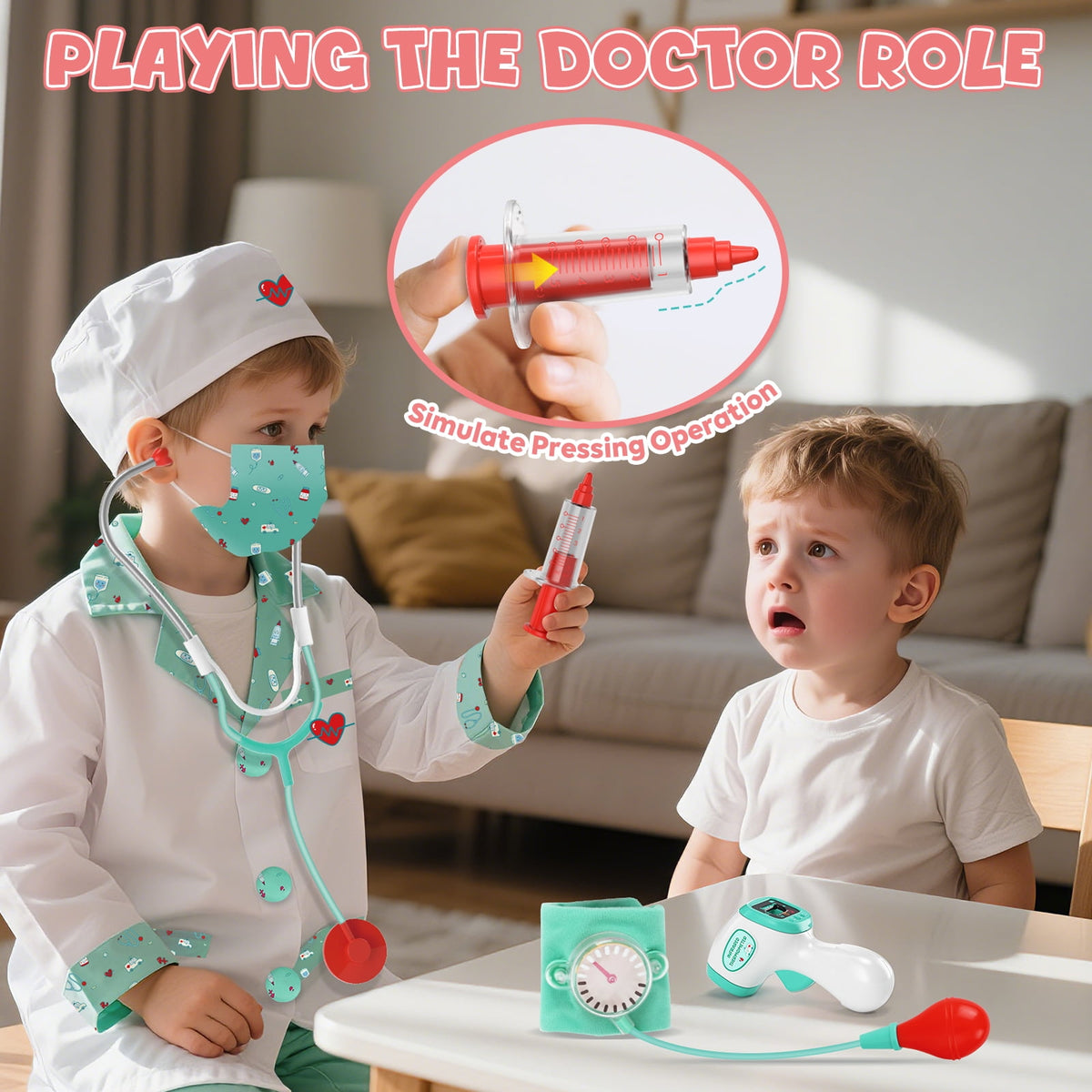 Doctor Costume for Kids Doctor Coat, Doctor Dress Up and Play Set 8 PCS with Real Stethoscope, Lab Coat Career Day Costume Kit for Toddlers Girls 3-12 - Pink
