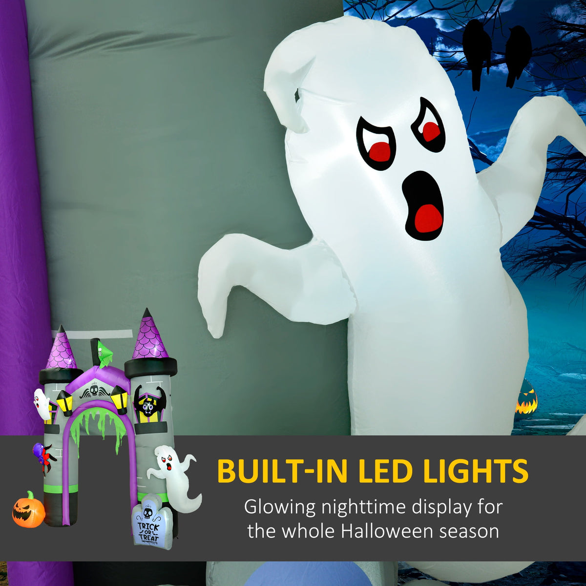 Outsunny 11.8' H Large Halloween Inflatable Archway Ghost Bat Pumpkin Spider, Halloween Decoration with LED Lights for Garden Indoor Outdoor