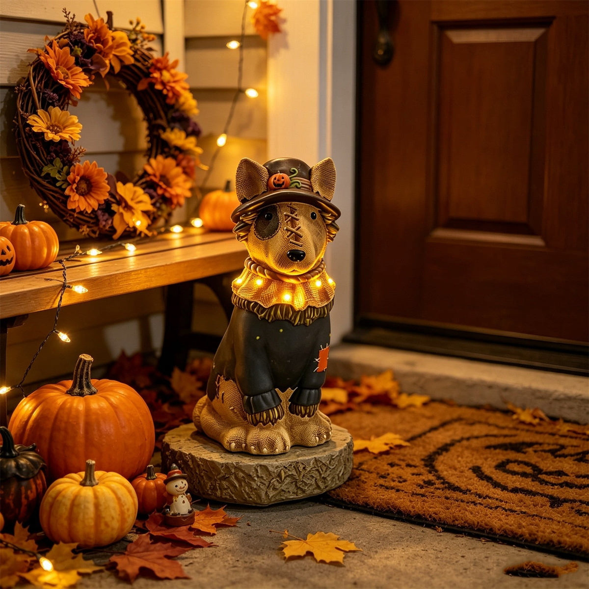 Halloween Dog Greeter - Frenchie 7.9in Resin Witch Dog with Light-Up Pumpkin, Spooky Fall Decor, Indoor Outdoor Tabletop Decoration