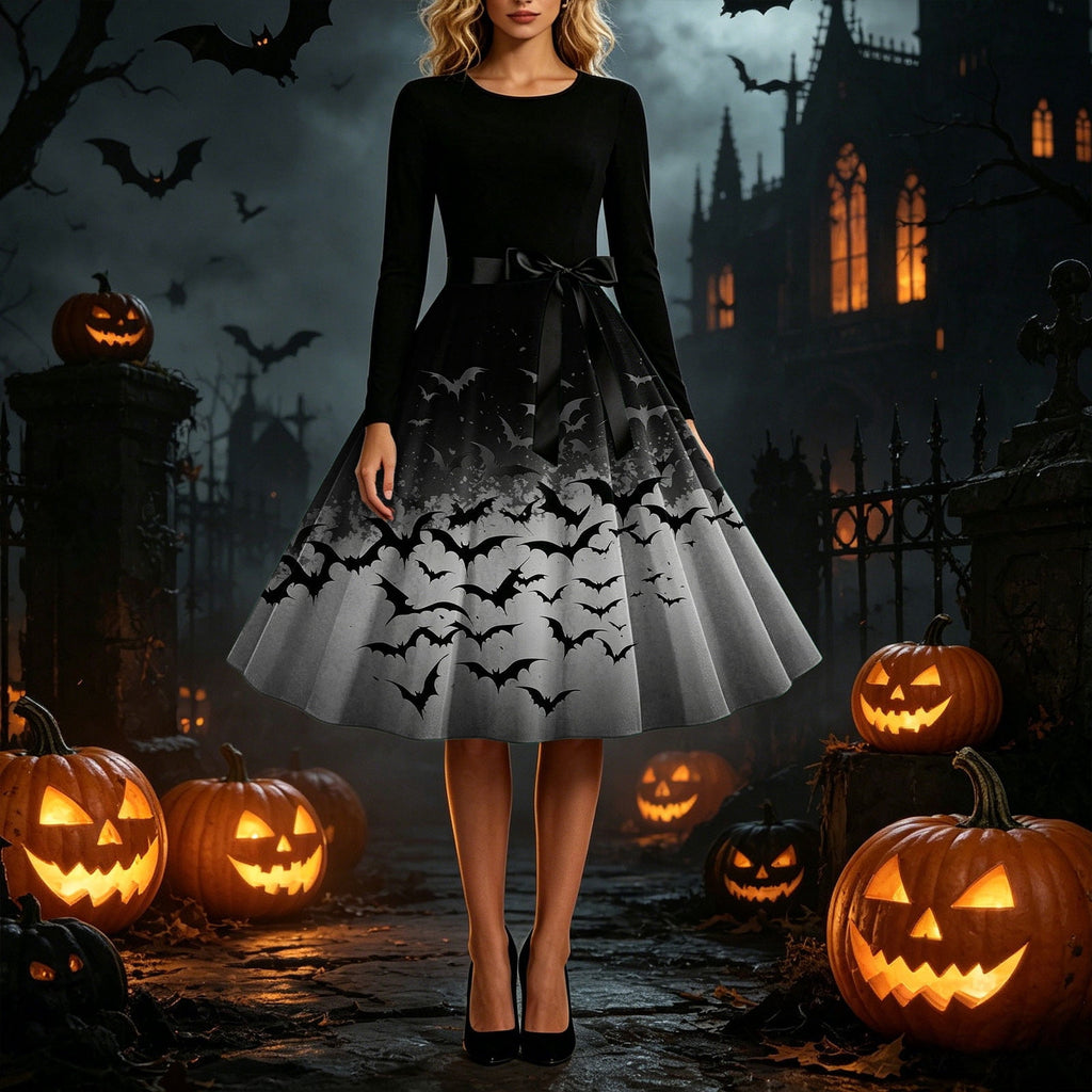 Women's Vintage Halloween Bat Print Swing Dress Long Sleeve 1950s Retro A-Line Midi Dresses with Satin Sash Belt for Gothic Cosplay Evening Prom Party