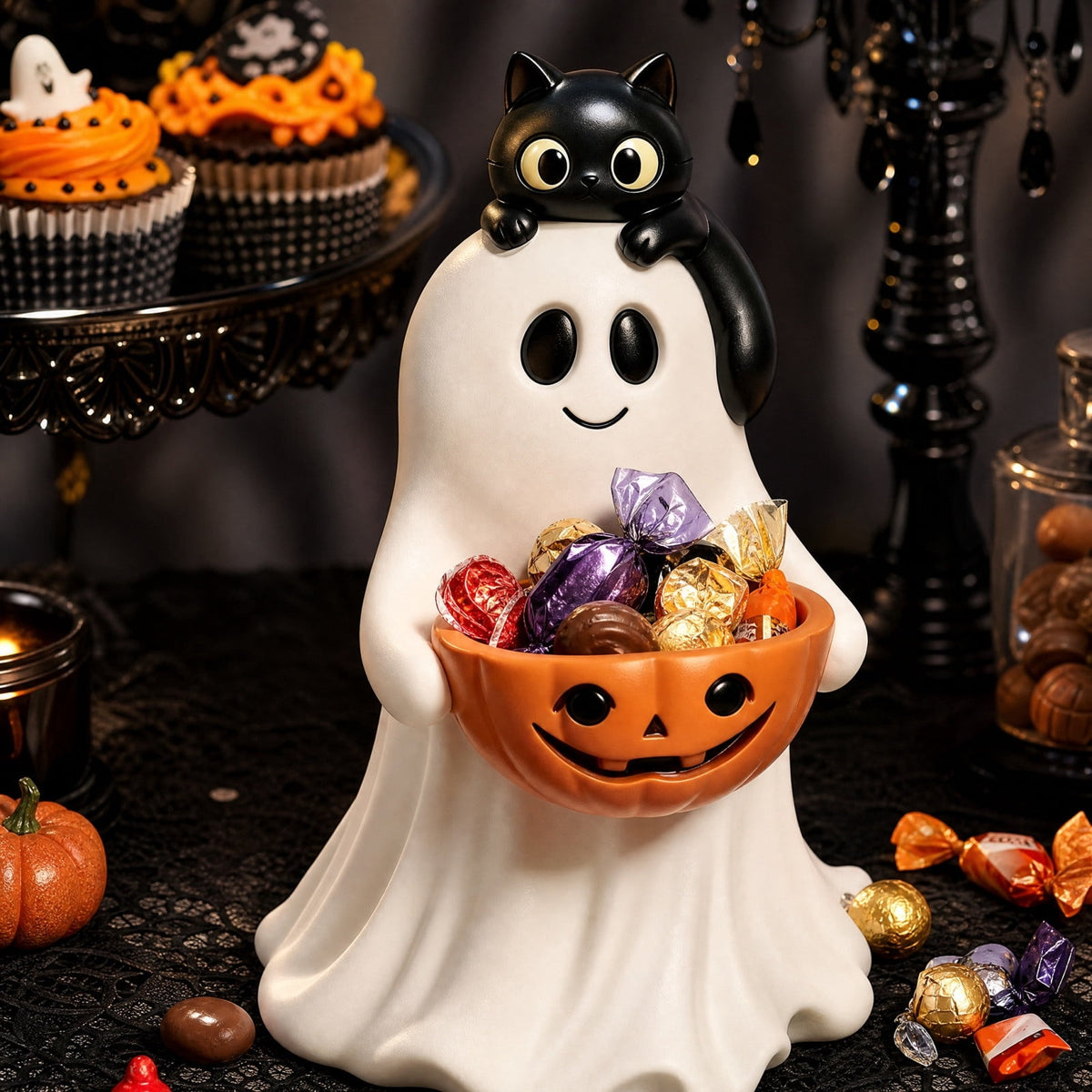 Clearance Halloween Ghost Resin Figurine with Black Cat & Pumpkin Candy Bowl 10“- Cute Spooky Tabletop Decor for Home Mantel, Shelf, and Indoor Fall Display
