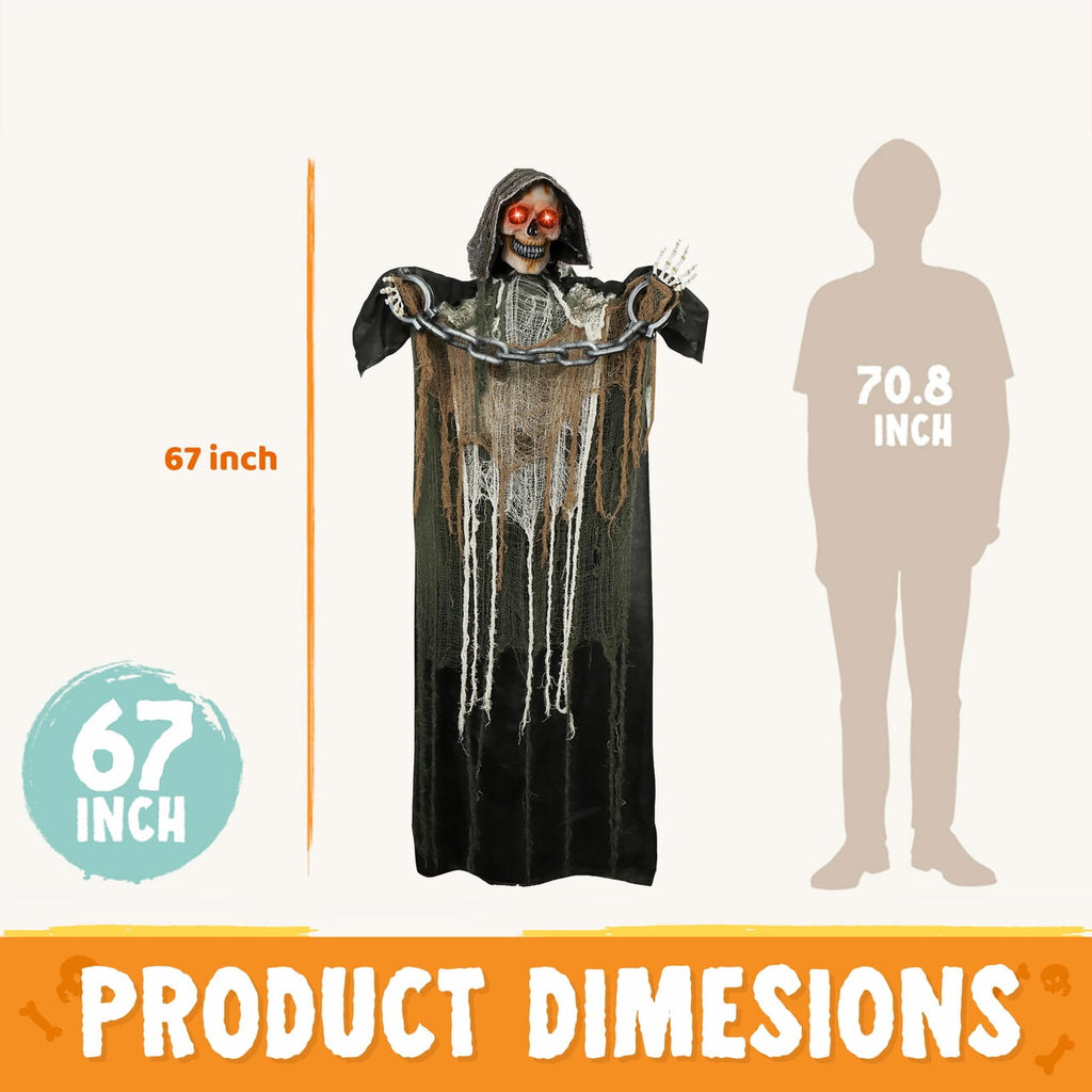 Joyfy 67" Standing Grim Reaper with Chain, Large Halloween Decorations Outdoor, Life Size Animatronics Skelton, Sound-Actived Party Decor with Creepy Sound & LED Eyes, Scary Haunted House Props