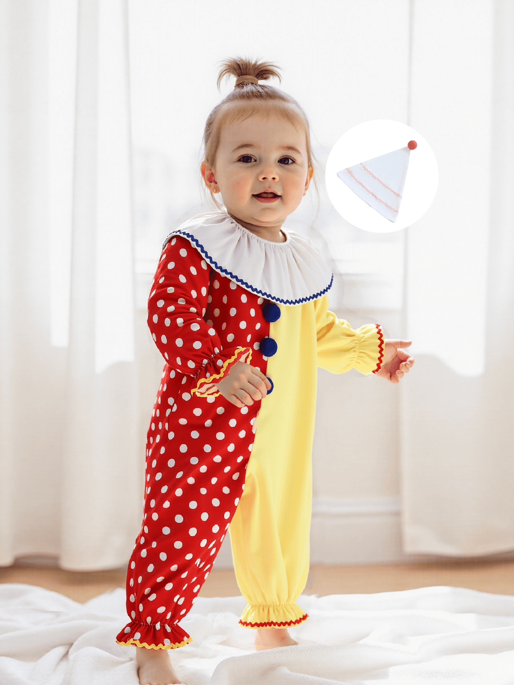 RUINIXCW Kids Toddler Baby Girl Boy Halloween Outfit Clown Costume Infant Baby Girl Boy Romper Birthday Photoshoot Outfit Contrast Color Long Sleeve Jumpsuit Hat