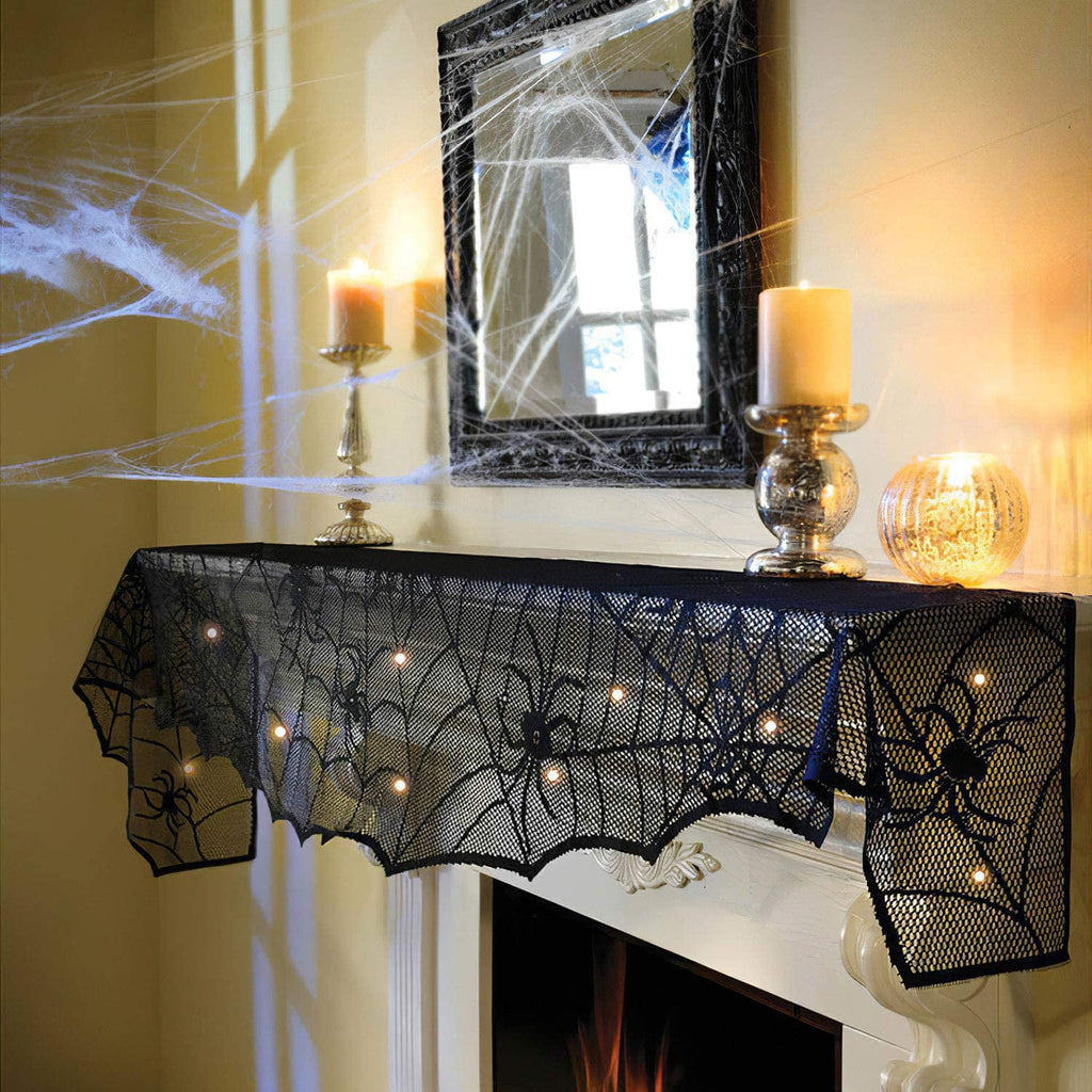 Fun Little Toys 8.4" Feet Halloween Lace Mantle Runner with String Lights,Halloween Decoration,Halloween Party Supplies,Halloween String Lights for Halloween Home Party Décor