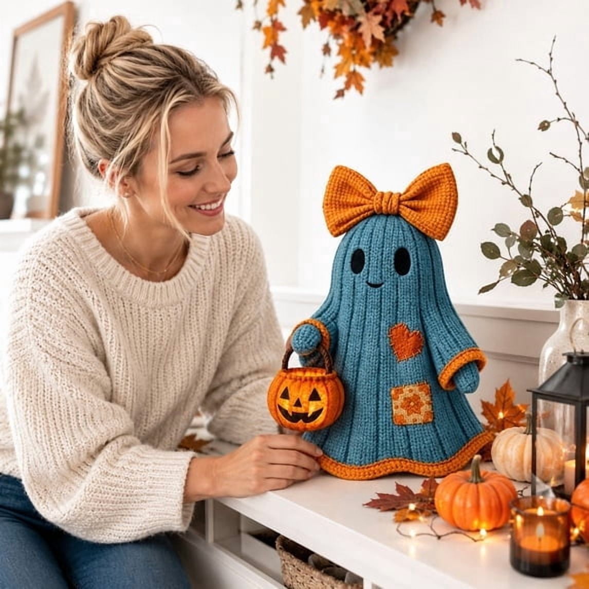 TOYOUME Vintage Patchwork Ghost, LED Glowing Retro Ghost Figurine, Floral Bow and Pumpkin Bucket for Warm Fall and Halloween Decoration, D