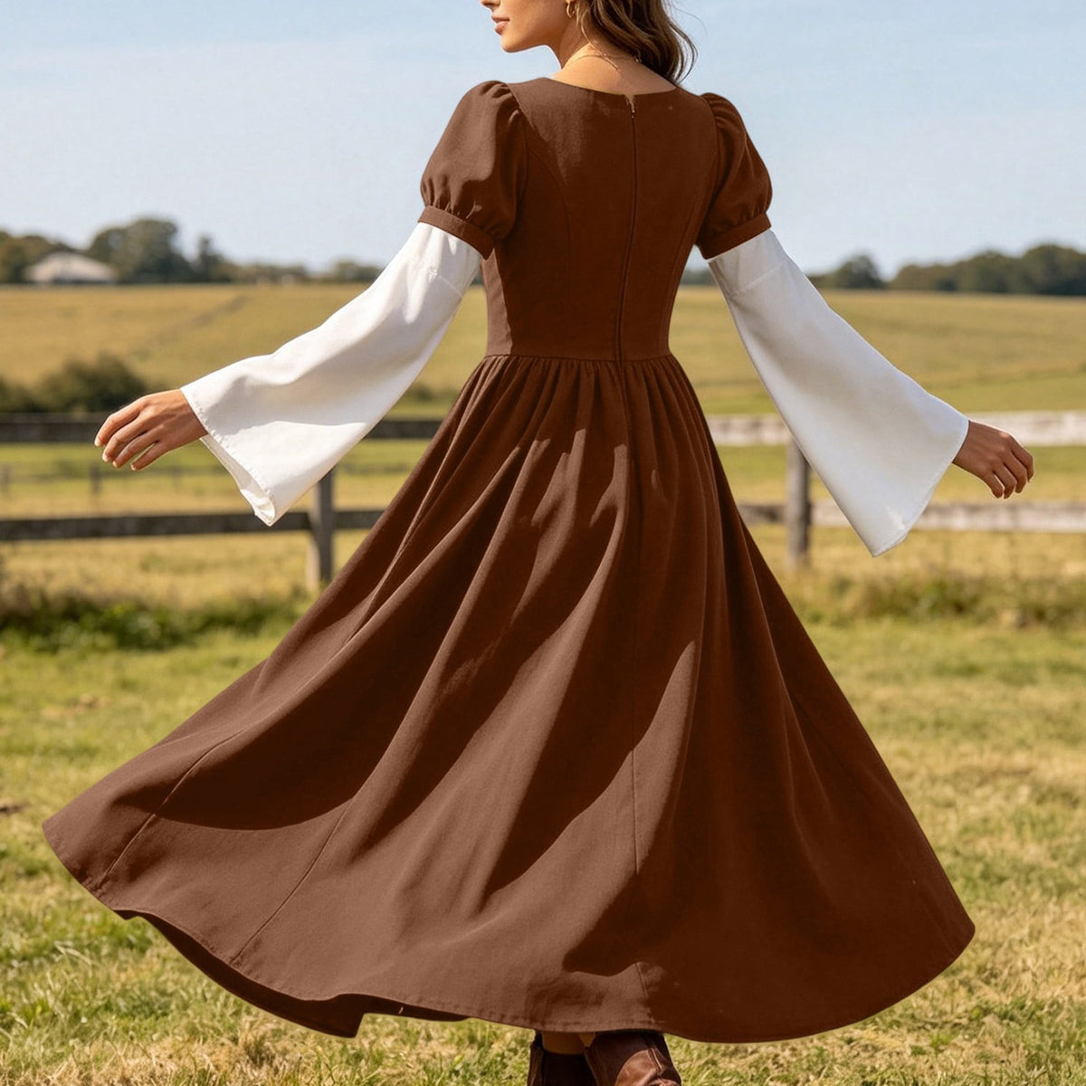 Hurxie Renaissance Costume Women Peasant Medieval Dress Maxi Fairy Dresses with Bell Sleeve Vintage Ren Faire Outfit