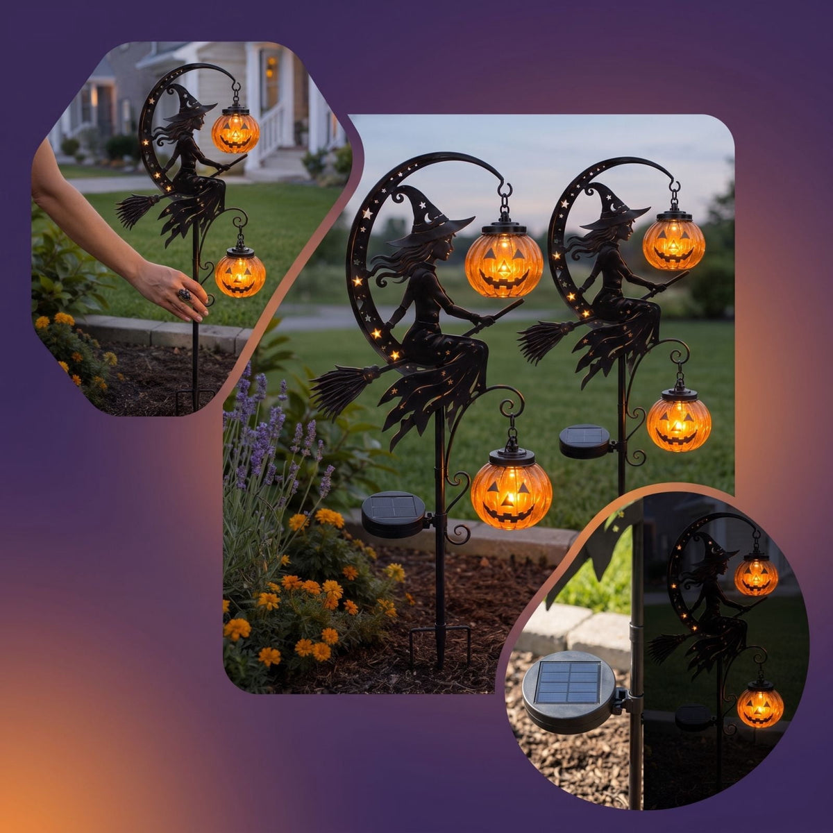 Halloween Crescent Moon Pumpkin Solar Stake Light, Star Hollow Cutout Ground Lamp, Anti Rust Halloween Decorations Party for Yard Walkway black