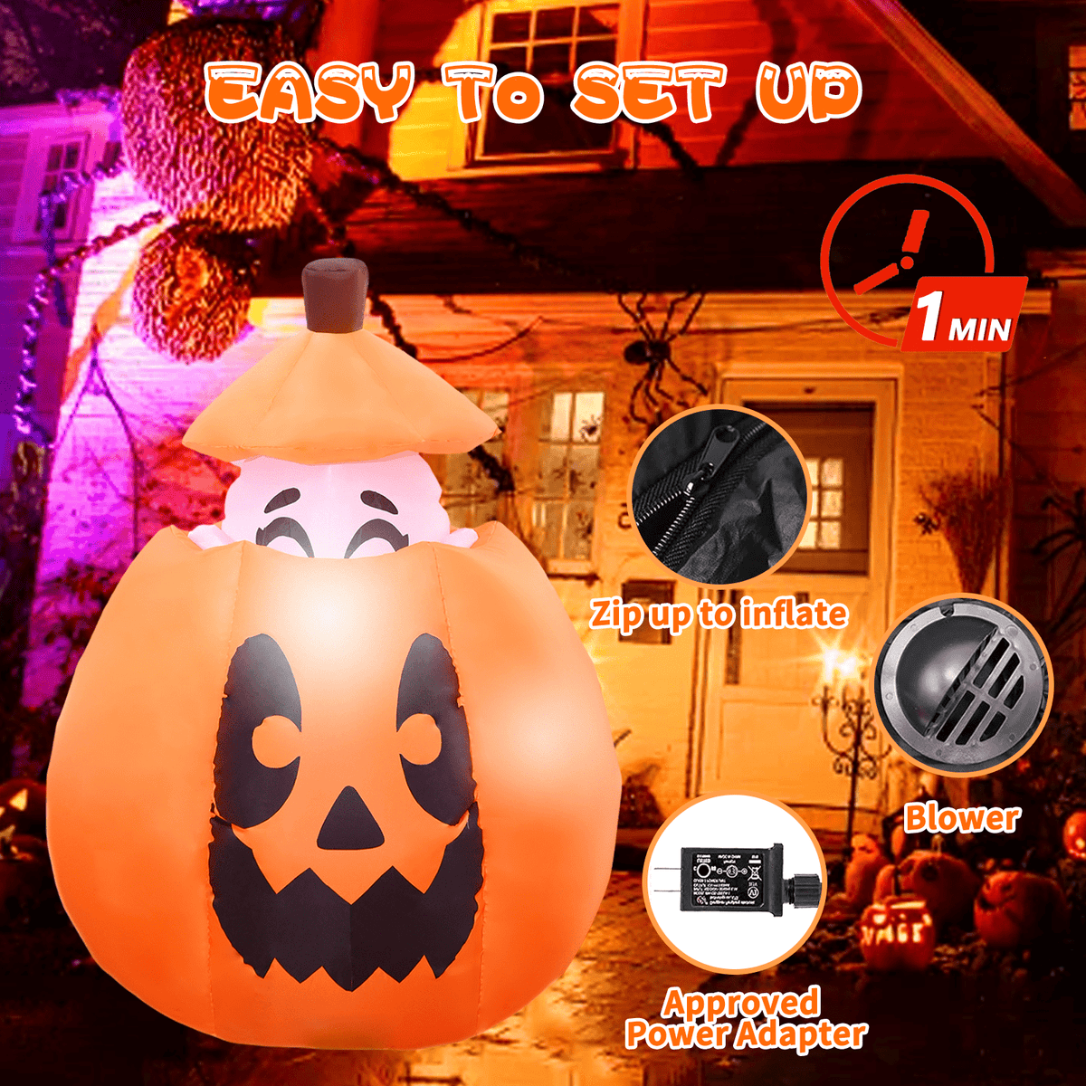 KINQUINN 5FT Halloween Inflatables Decorations Outdoor, Pop Up Halloween Blow Ups Pumpkin Yard Decorations with LED Lights for Garden, Lawn, Home, Yard, Indoor, Outside, Party, Porch