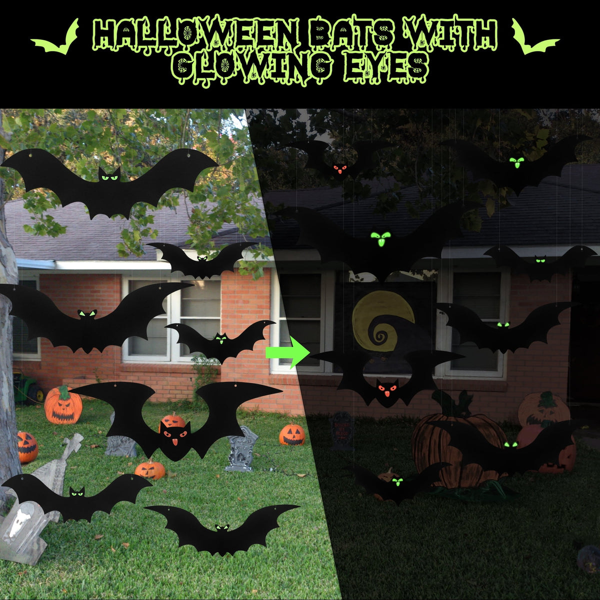 HiberyHom 24 Pack Hanging Bats Halloween Decorations Outdoor, Waterproof Black Plastic Bats 3 Different Sizes with Glowing Eyes Stickers, Bat Decorations Perfect for Halloween Hanging Tree Decor