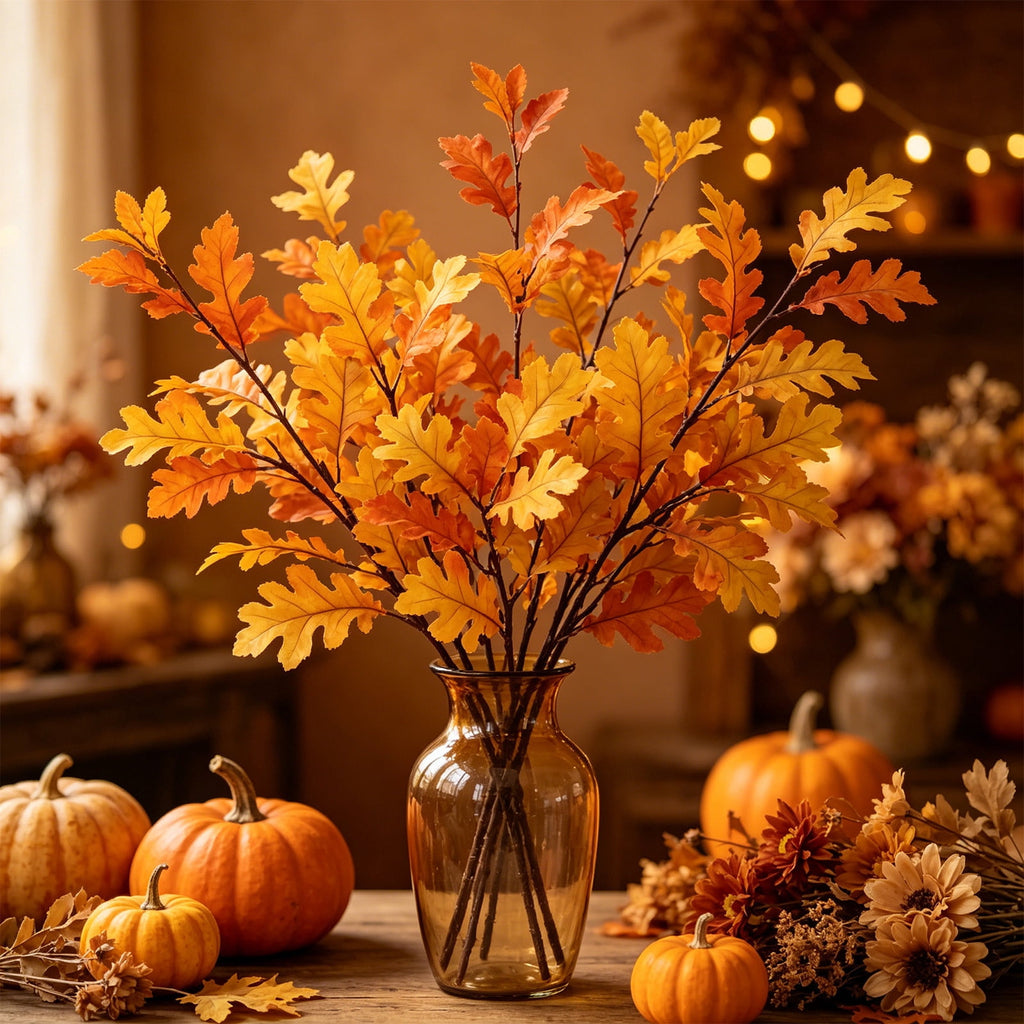 SCNOR Artificial Fall Oak Leaves 2-Pack, Faux Autumn Stems for Vase, Thanksgiving Halloween Table Decor