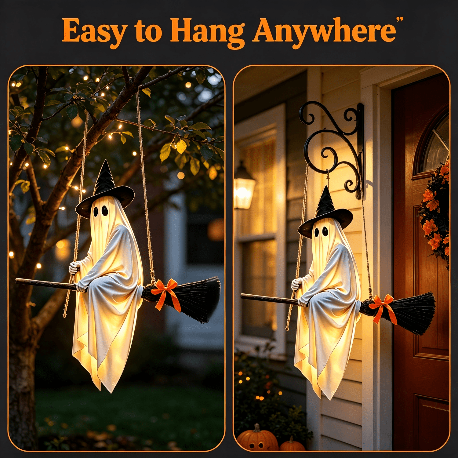 5 FT DIY Hanging Swing Ghost Halloween Decor, Light-Up Flying Ghost on Broomstick with Witch Hat, Spooky Cute Outdoor Halloween Decorations for Front Porch Yard Tree (Remote-controlled light-up )