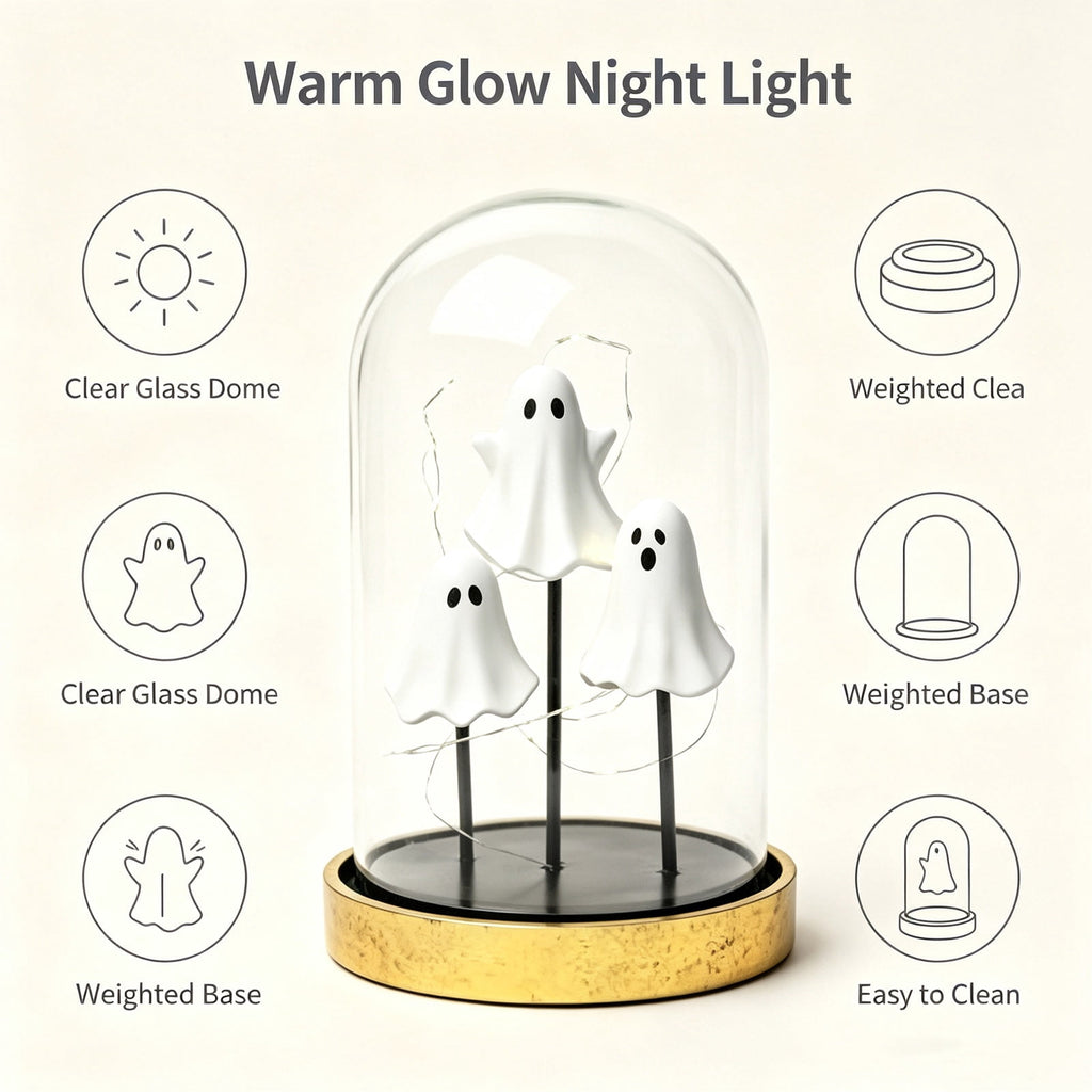 Darzheoy Halloween Decoration Ghost Cloche Lamp, with 3 Mini Figurines, Halloween Ghost Spooky, White Warm Glow, 1 Count