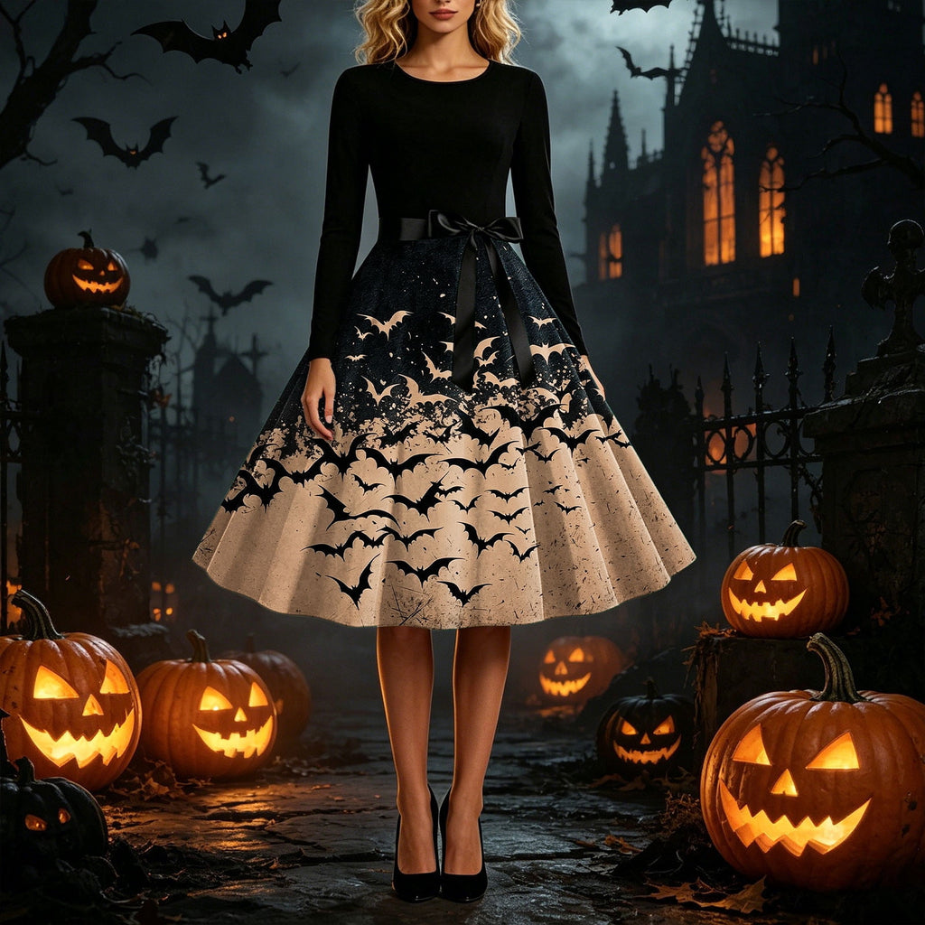 Women's Vintage Halloween Bat Print Swing Dress Long Sleeve 1950s Retro A-Line Midi Dresses with Satin Sash Belt for Gothic Cosplay Evening Prom Party
