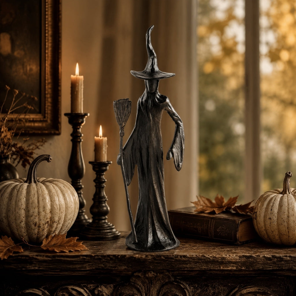 QLUEWX Halloween Sculpted Black Witch Statue, Resin Gothic Witch Figurine with Crow, 10 Inch Vintage Black Witch Sculpture Decor for Tabletop Mantel Shelf Home Holiday Party Decoration