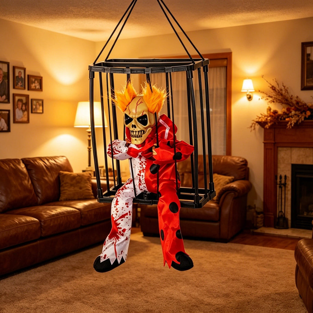 XIA0LE Halloween Hanging Caged Skeleton Prisoner Decoration, Animated Shaking Scary Ghost With Motion Sensor & Sound, Glowing Red Eyes Activated For Indoor Outdoor Party Decor (C)