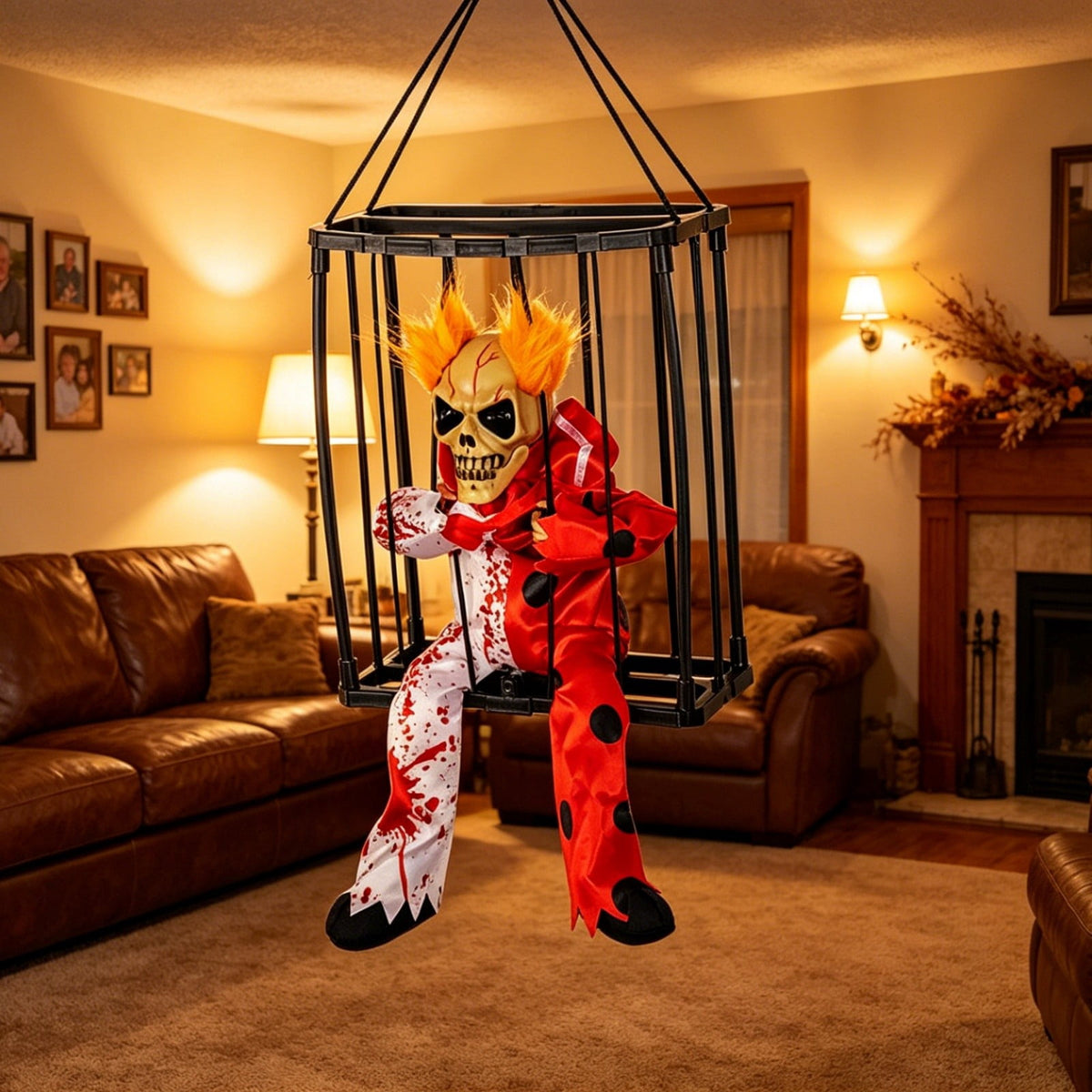 XIA0LE Halloween Hanging Caged Skeleton Prisoner Decoration, Animated Shaking Scary Ghost With Motion Sensor & Sound, Glowing Red Eyes Activated For Indoor Outdoor Party Decor (C)