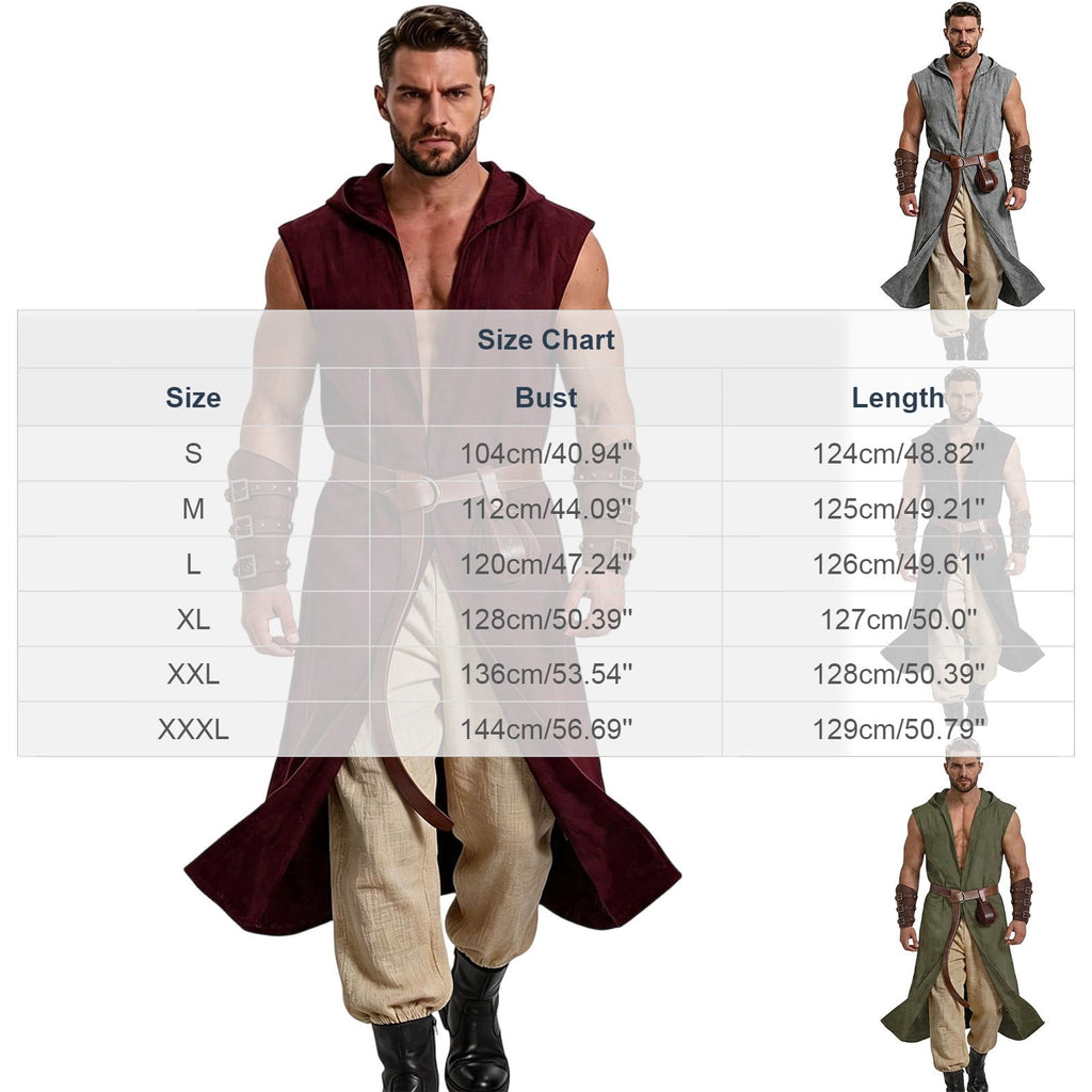 Men's Medieval Vintage Viking 5-Piece Cosplay Costume Set Sleeveless Hooded Cape Belt and Bracers for Halloween
