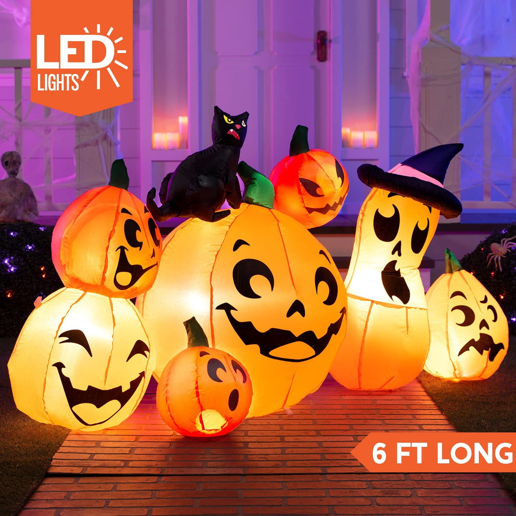 Joyfy 7 ft Halloween Inflatable Long Pumpkin with Witch's Cat Decorations Inflatables with Build-in LEDs,Halloween Decor Outdoor Blow Up Yard Decorations
