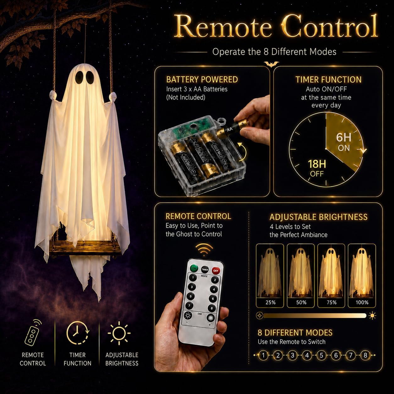 Halloween Light-Up Ghost Decorations Outdoor - 6.5 FT - 8 Sounds Gaint Hanging Swing Ghost Halloween Decoration, Spooky Cute Ghosts Decorations for Front Porch Yard Tree