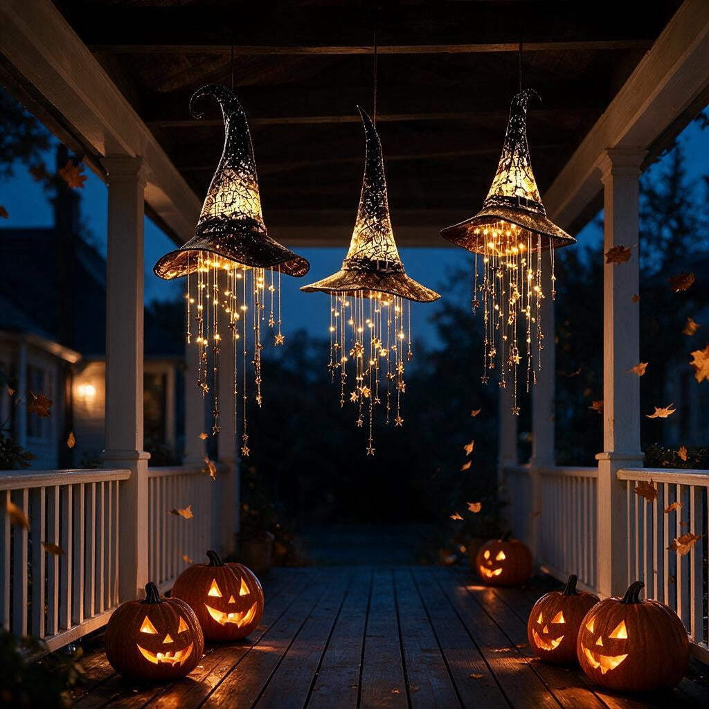Lighted Witch Hat Hanging Decor, LED Halloween Witch Hat Decoration with Star Tassels for Porch, Window & Indoor Outdoor Holiday Display
