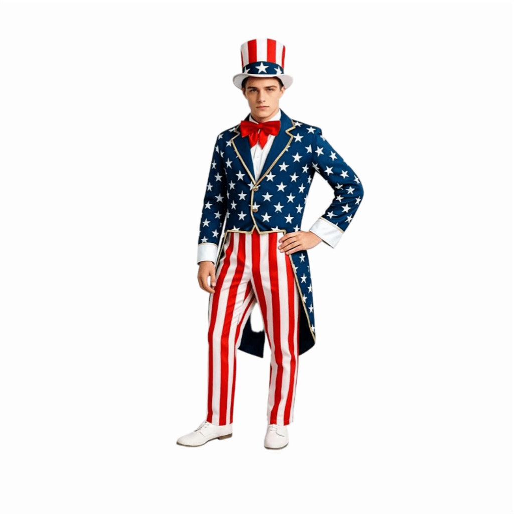 HOARBOEG Men's Patriotic Uncle Sam Costume, 4th of July Tuxedo Tailcoat Red White Blue Stage Performance Suit, Independence Day Party Outfit, Historical Reenactment Costume for Parades & Celebrations