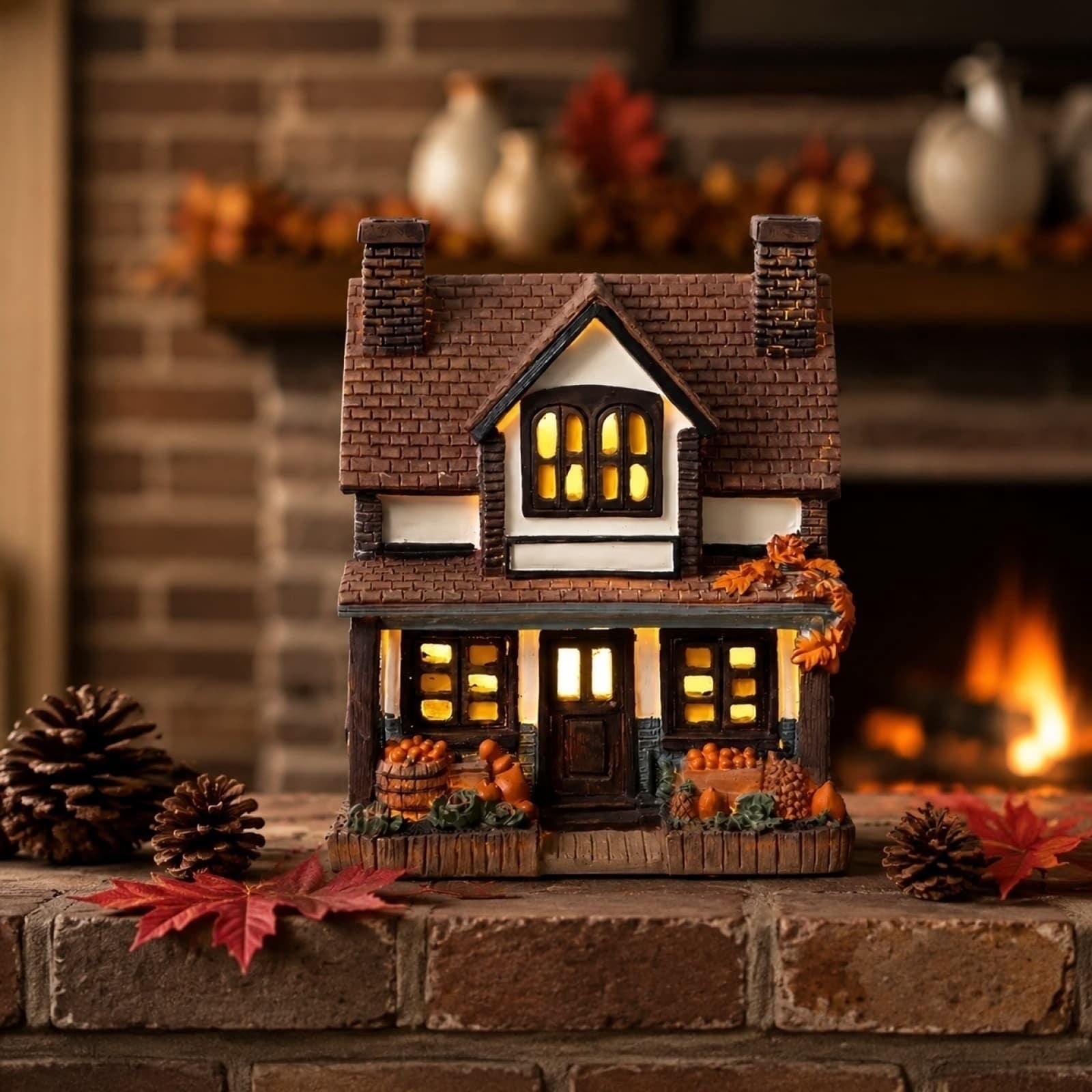 Fall Harvest Light Up Cottage House, LED Resin Pumpkin Autumn Halloween Thanksgiving Tabletop Decor with Warm Glow for Mantel Shelf Home Office Seasonal Decoration, 6" (1 PC)