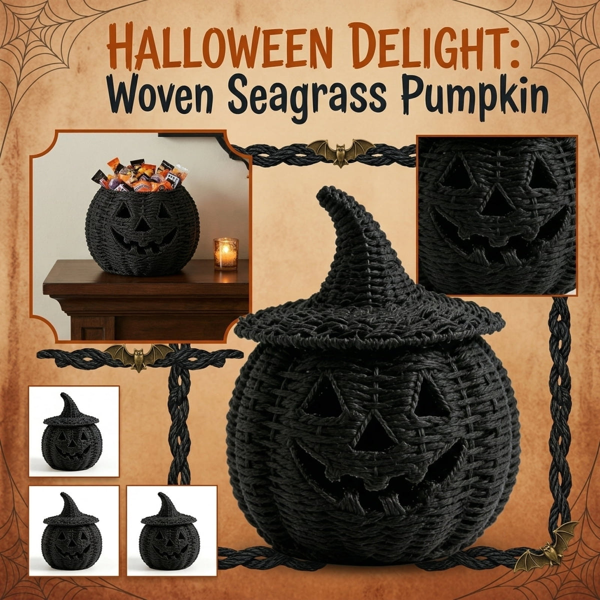 2026 Halloween Black Woven Seagrass Pumpkin Storage Basket with Lid, Fall Indoor Home Decorations for Halloween Party Home Halloween Decor, 10.2 inch