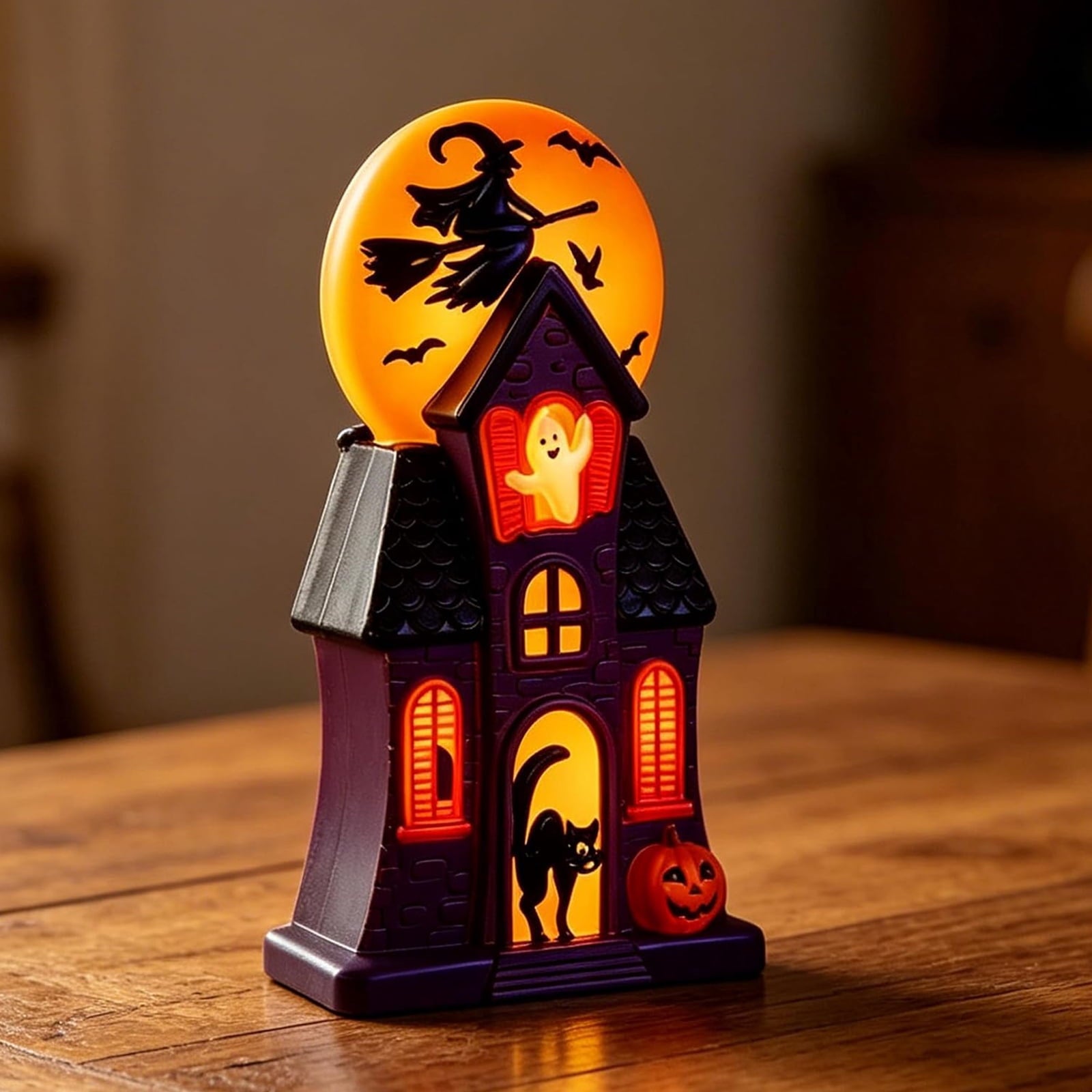 HAHUT Halloween House Blow Mold Light, Resin Pre-Lit Spooky Mansion with Glowing Witch Moon, Ghost & Black Cat for Halloween Party Tabletop Decor (Purple)