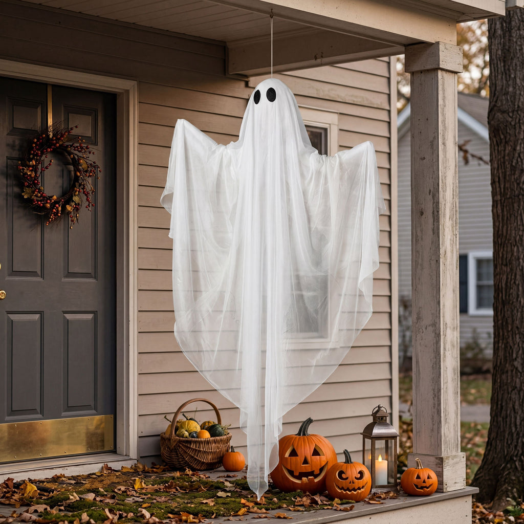 Joyfy 47" Halloween Hanging Light up Ghost Decorations Outdoor,White Ghosts with Blue LED Light and Timer Halloween Hanging Decoration Waterproof for Front Yard Patio Lawn