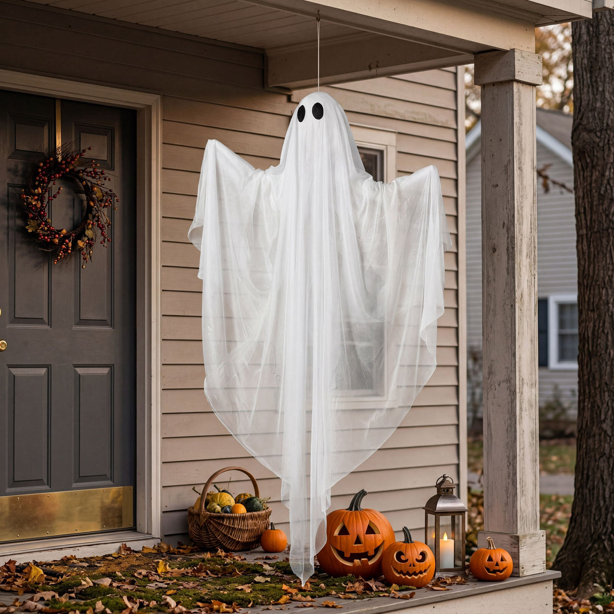 Joyfy 47" Halloween Hanging Light up Ghost Decorations Outdoor,White Ghosts with Blue LED Light and Timer Halloween Hanging Decoration Waterproof for Front Yard Patio Lawn