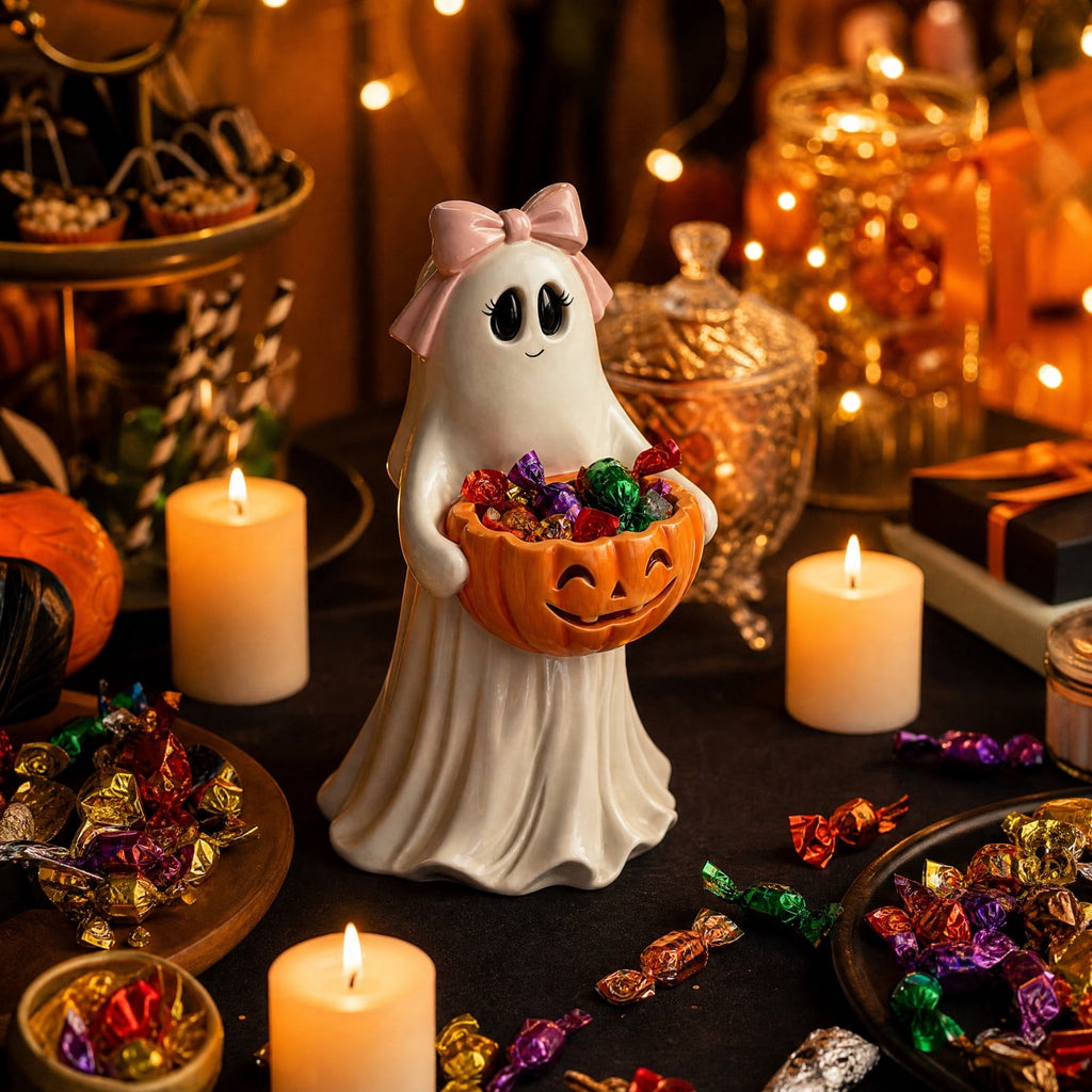 Clearance Halloween Ghost Resin Figurine with Black Cat & Pumpkin Candy Bowl 10“- Cute Spooky Tabletop Decor for Home Mantel, Shelf, and Indoor Fall Display