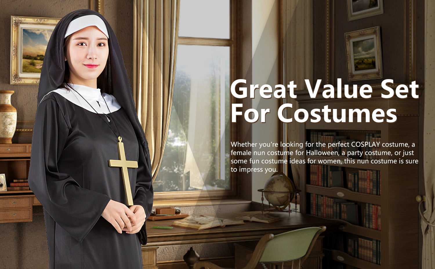 Alaiyaky Nun Costume for Women, Nun Outfit Women, Halloween Costume with Hood and Necklace for Halloween, Carnival, Cosplay