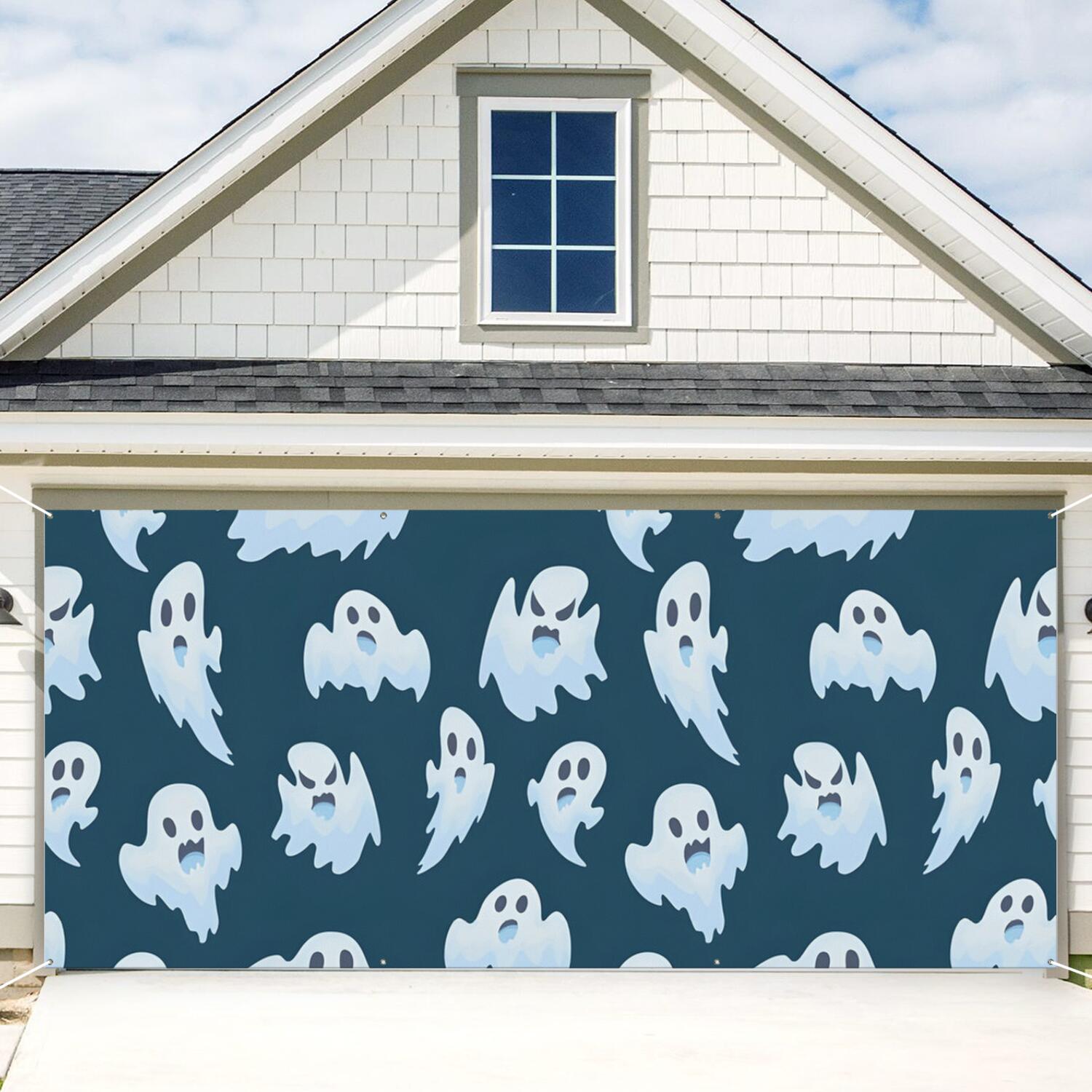 Halloween Garage Door Cover - 13x6ft Spooky Ghost Pumpkin Skull Witch Black Cat Polyester Backdrop for Outdoor Decor
