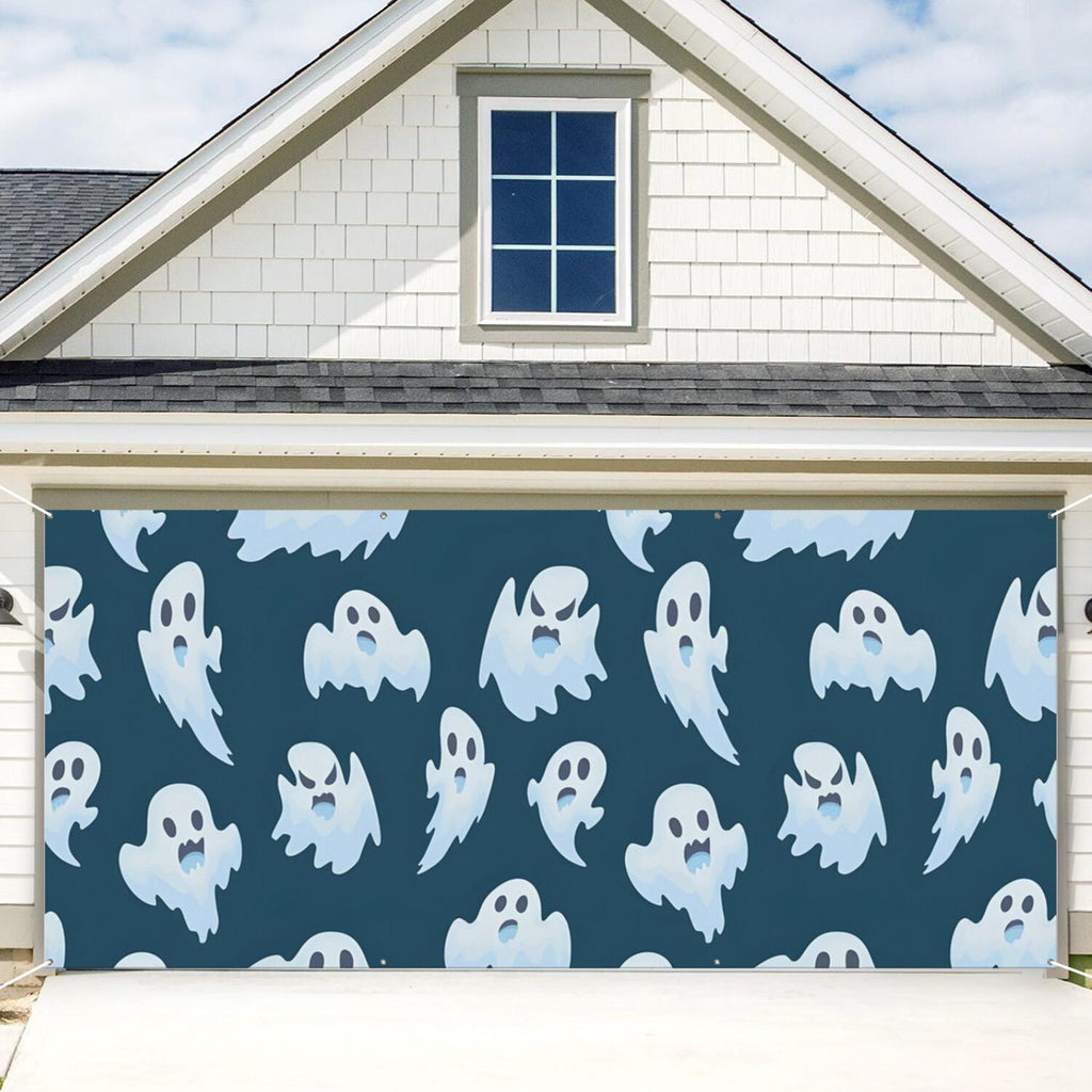 Halloween Garage Door Cover - 13x6ft Spooky Ghost Pumpkin Skull Witch Black Cat Polyester Backdrop for Outdoor Decor