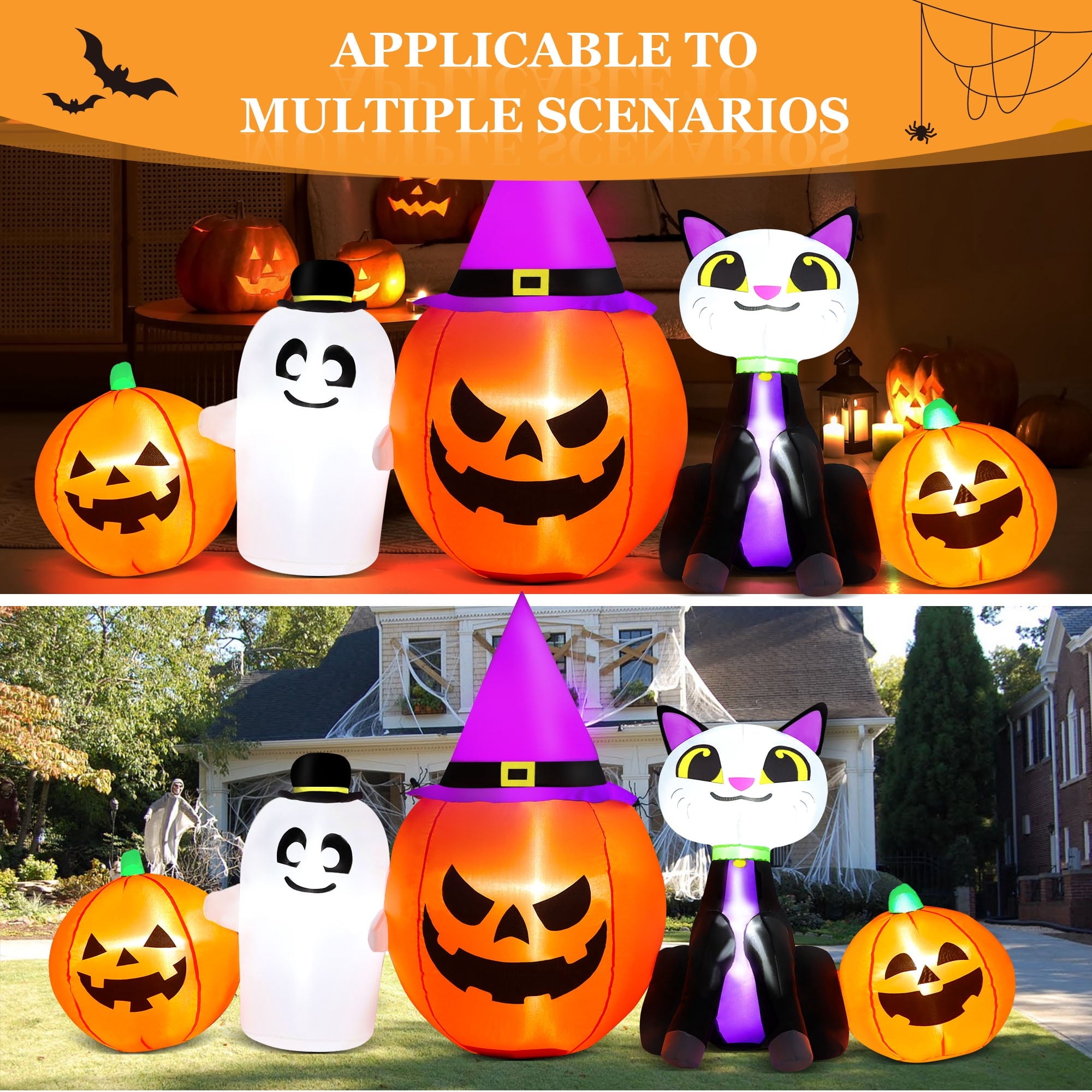 Yexmas 8ft Halloween Inflatable Pumpkins Outdoor Decor with Black Cat and Spectre,Built-in LED Lights,for Halloween Party,Yard,Garden,Lawn